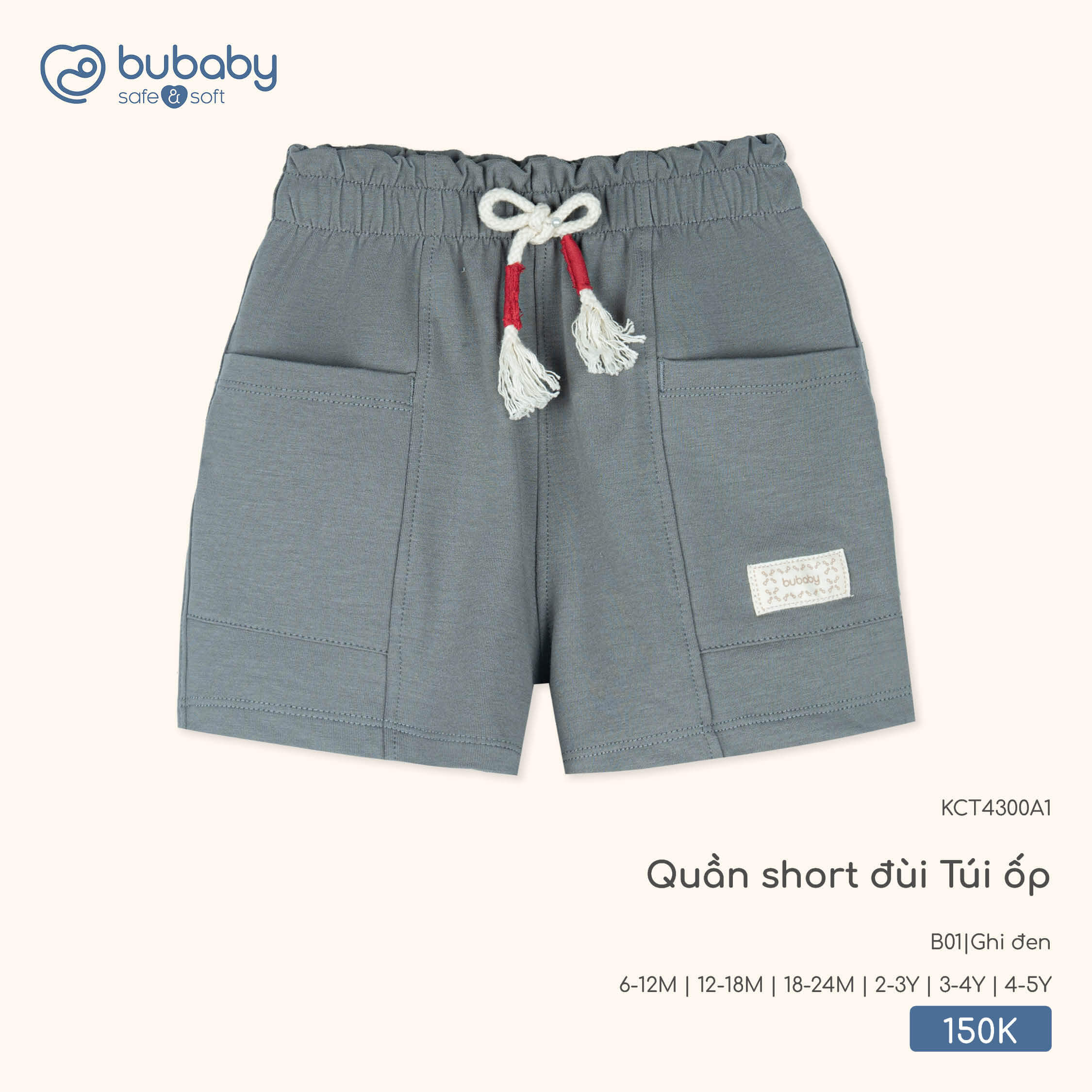 Bu Baby Quần short đùi Túi ốp Ghi đen (18-24M,2-3Y,3-4Y)