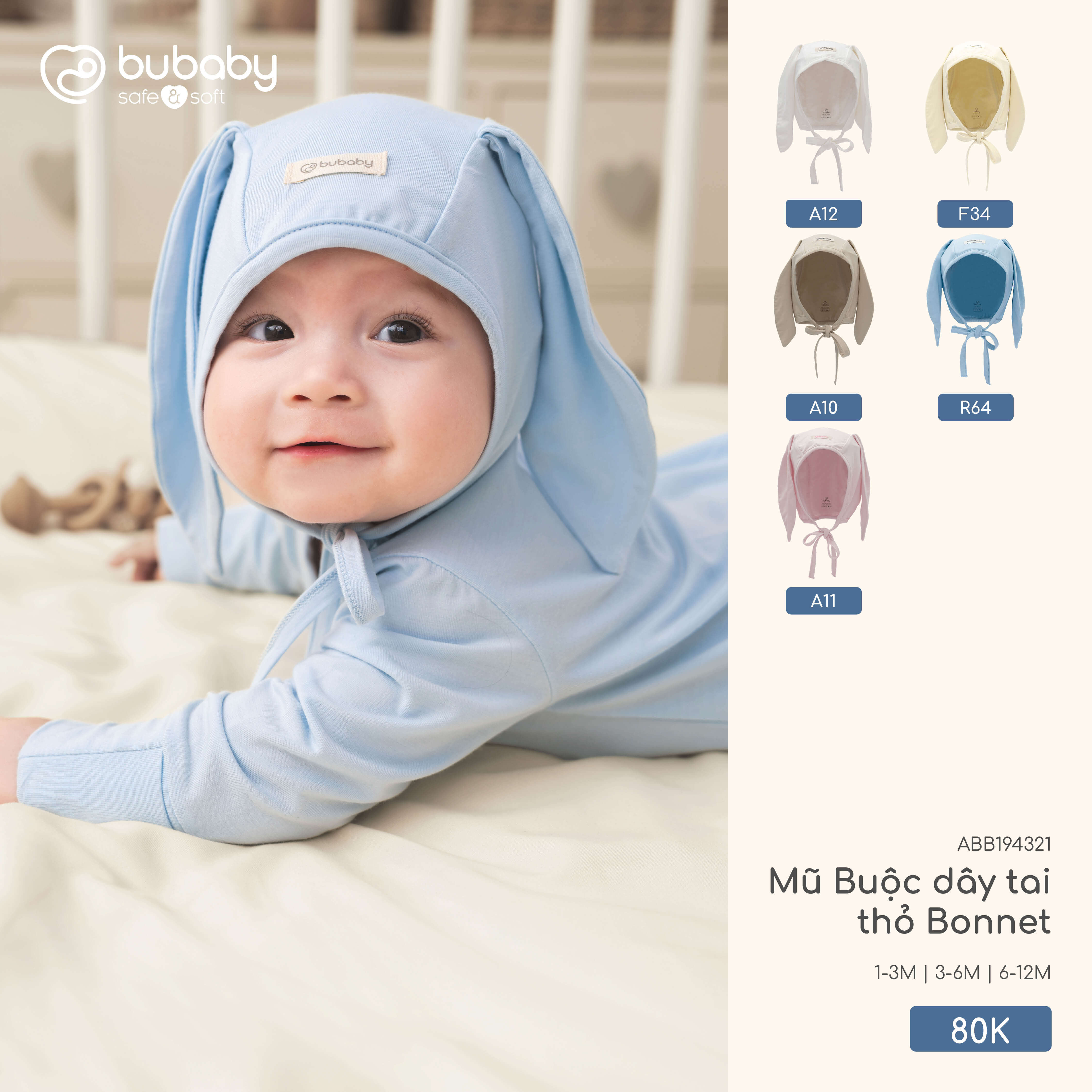 Bu Baby Mũ Buộc dây tai thỏ Bonnet Blue 46 (1-3M,3-6M) — ảnh 2