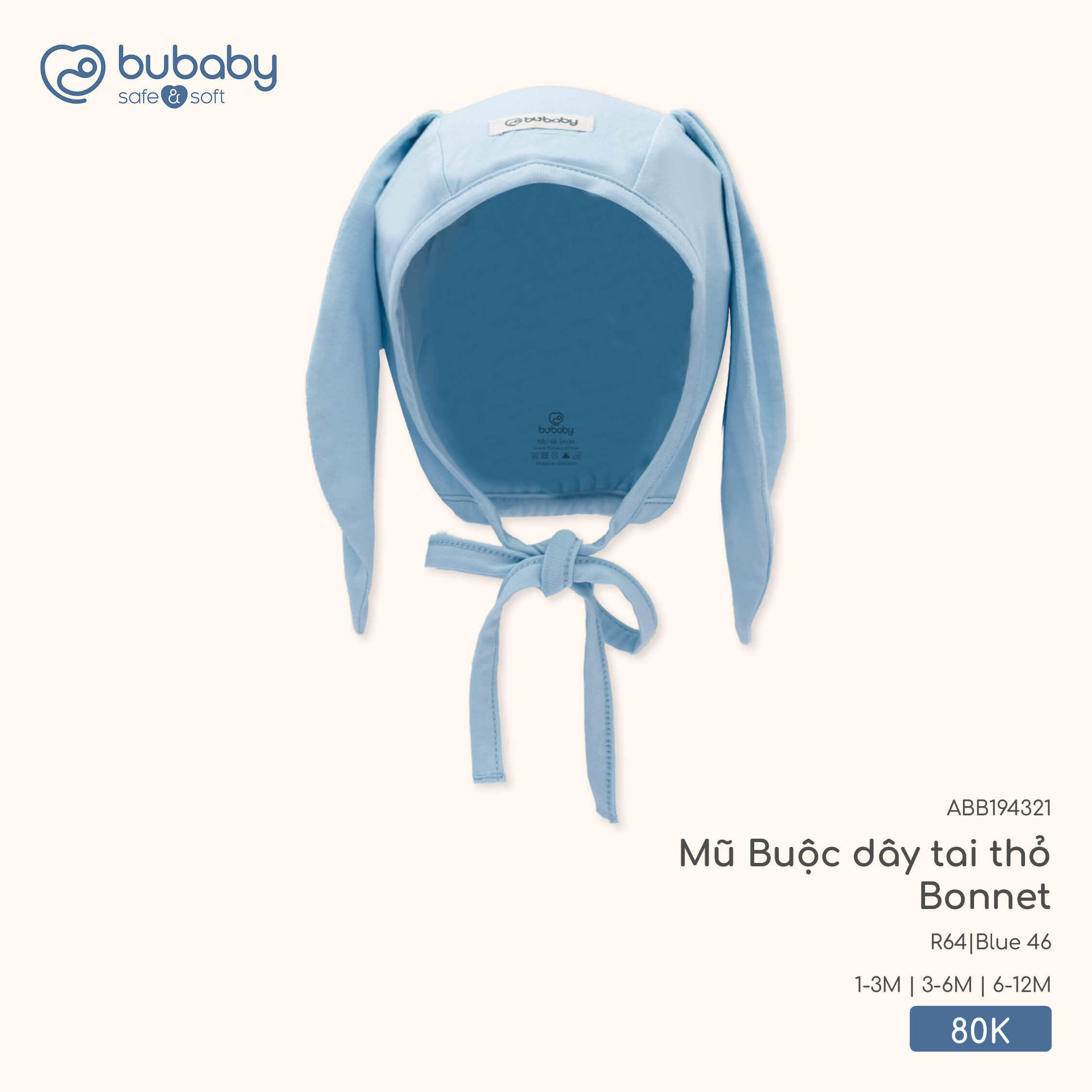 Bu Baby Mũ Buộc dây tai thỏ Bonnet Blue 46 (1-3M,3-6M) — ảnh 3