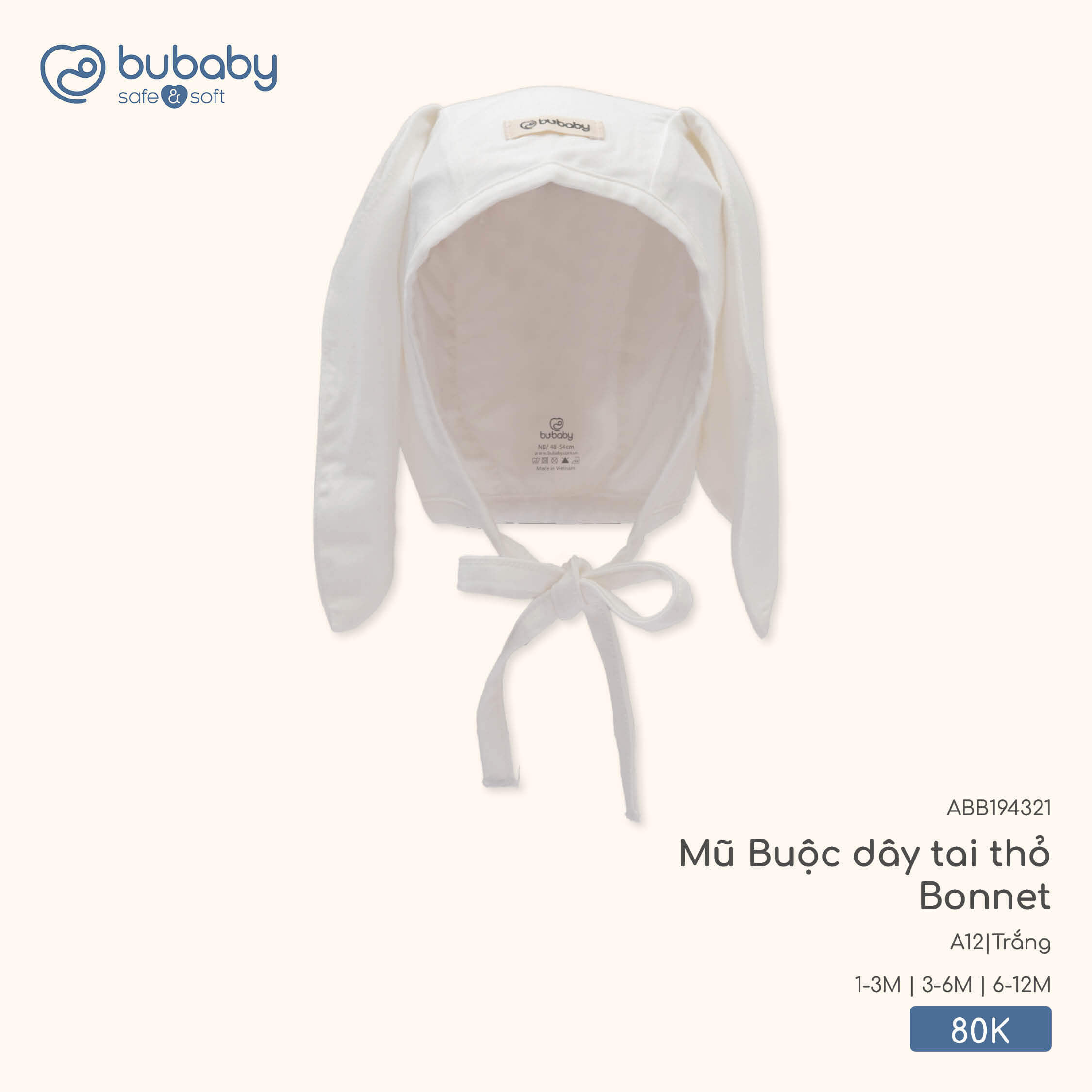 Bu Baby Mũ Buộc dây tai thỏ Bonnet Trắng (1-3M,3-6M)