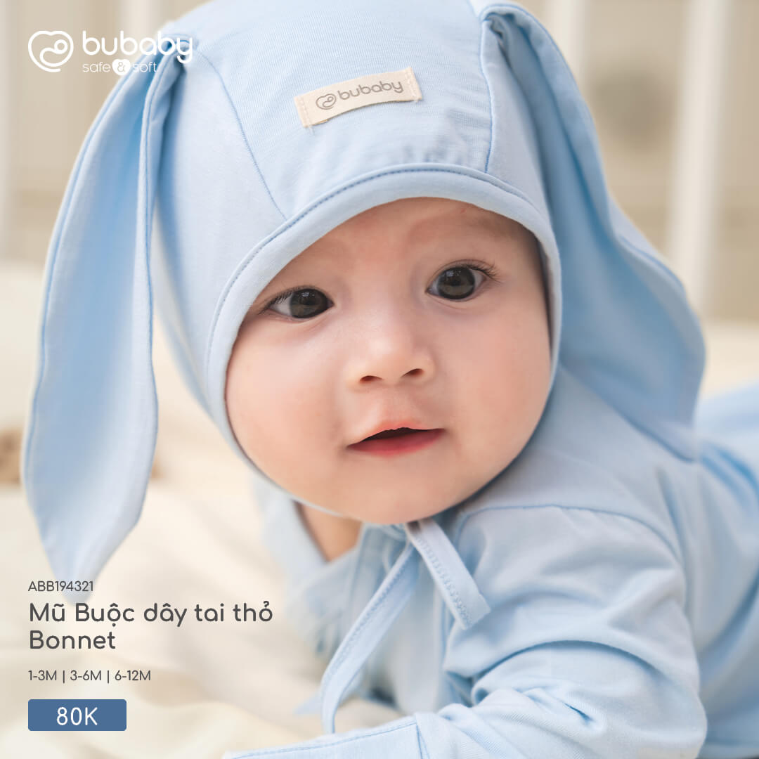 Bu Baby Mũ Buộc dây tai thỏ Bonnet Trắng (1-3M,3-6M) — ảnh 2
