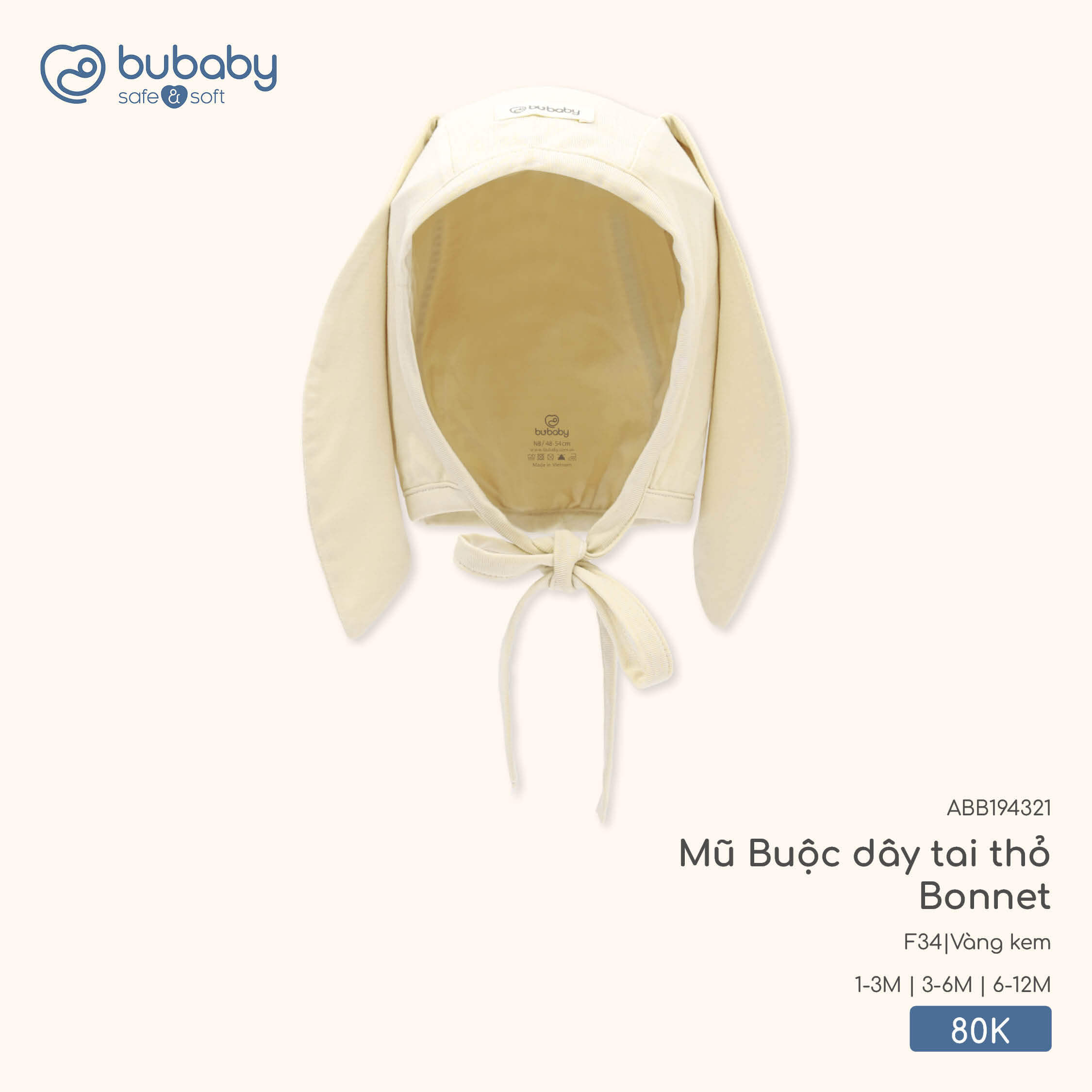 Bu Baby Mũ Buộc dây tai thỏ Bonnet Trắng (1-3M,3-6M) — ảnh 3