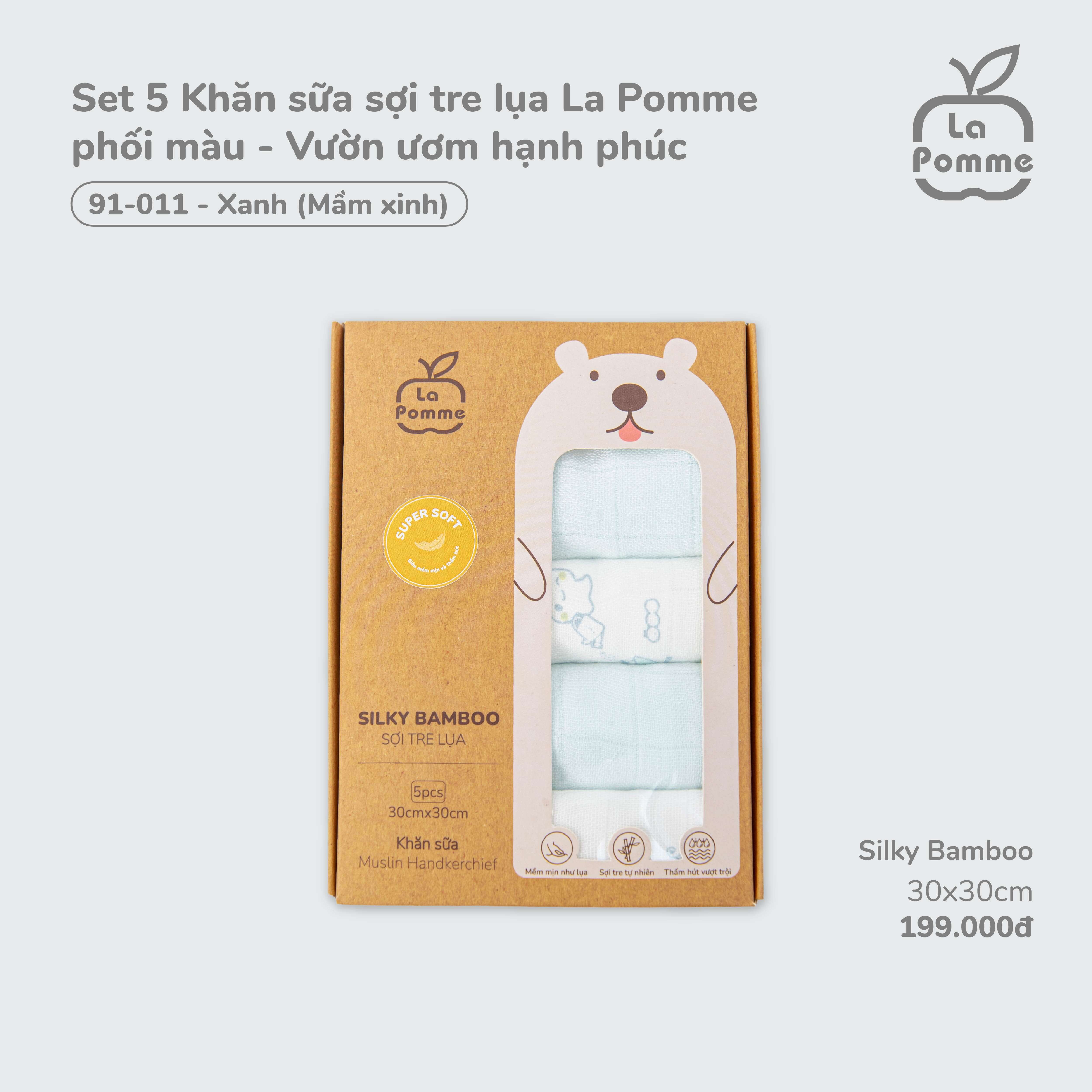 K001 Set 5 Khăn sữa sợi tre lụa La Pomme phối màu - (30x30cm) Xanh (mầm xinh)