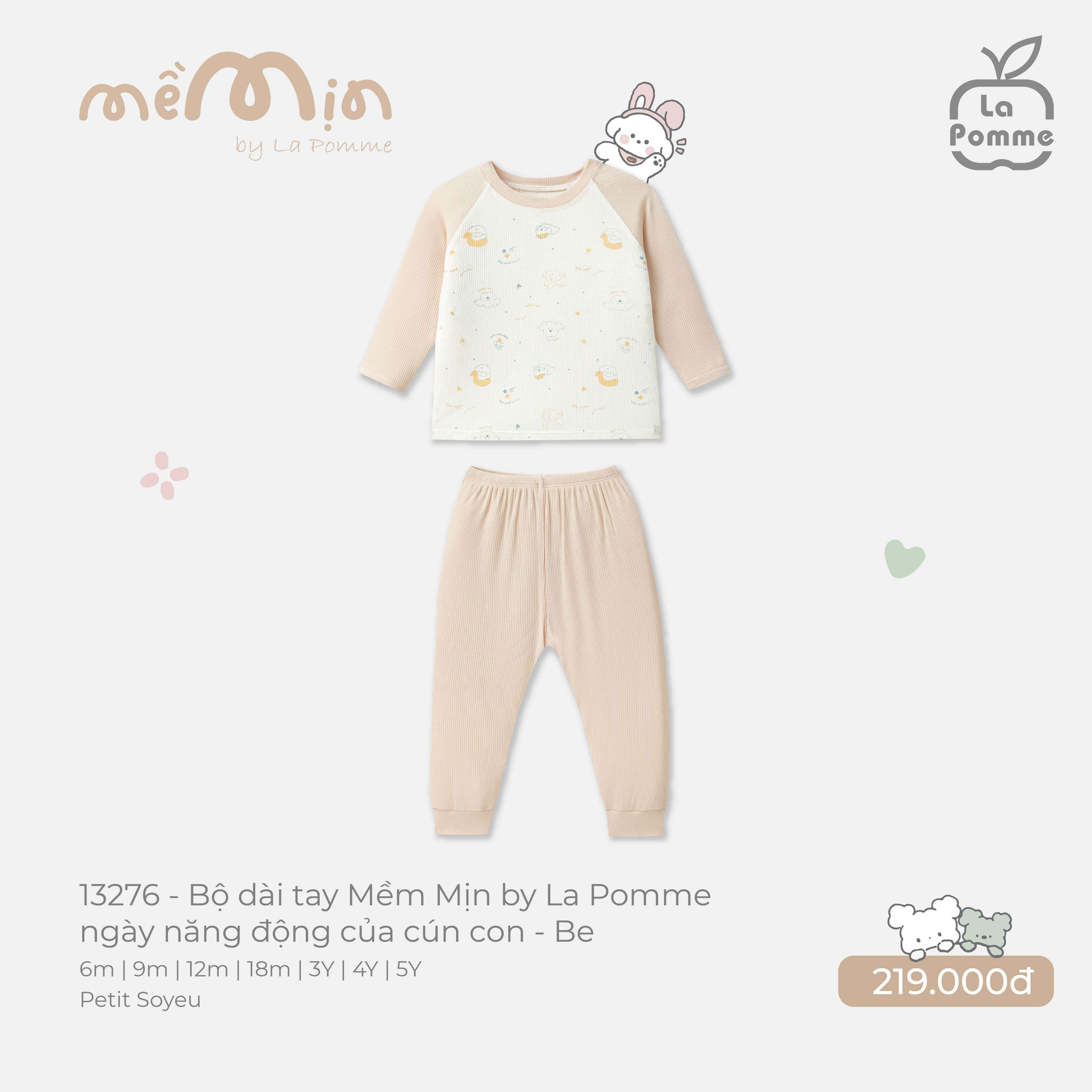 Bộ dài tay Mềm Mịn by La Pomme ngày năng động của cún con Be (6M,9M,12M,18M,3Y,4Y,5Y)