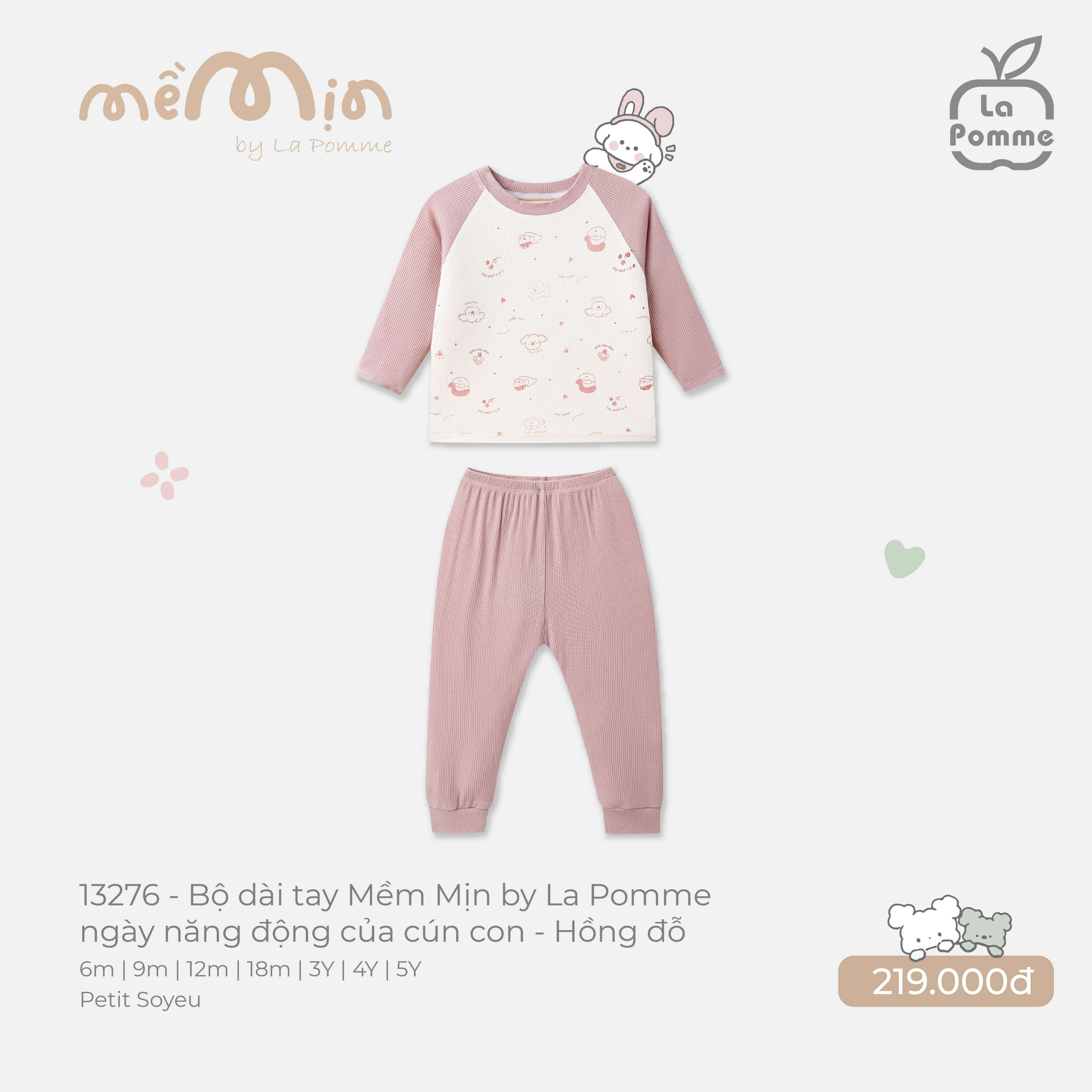 Bộ dài tay Mềm Mịn by La Pomme ngày năng động của cún con Hồng đỗ (6M,9M,12M,18M,3Y,4Y,5Y)