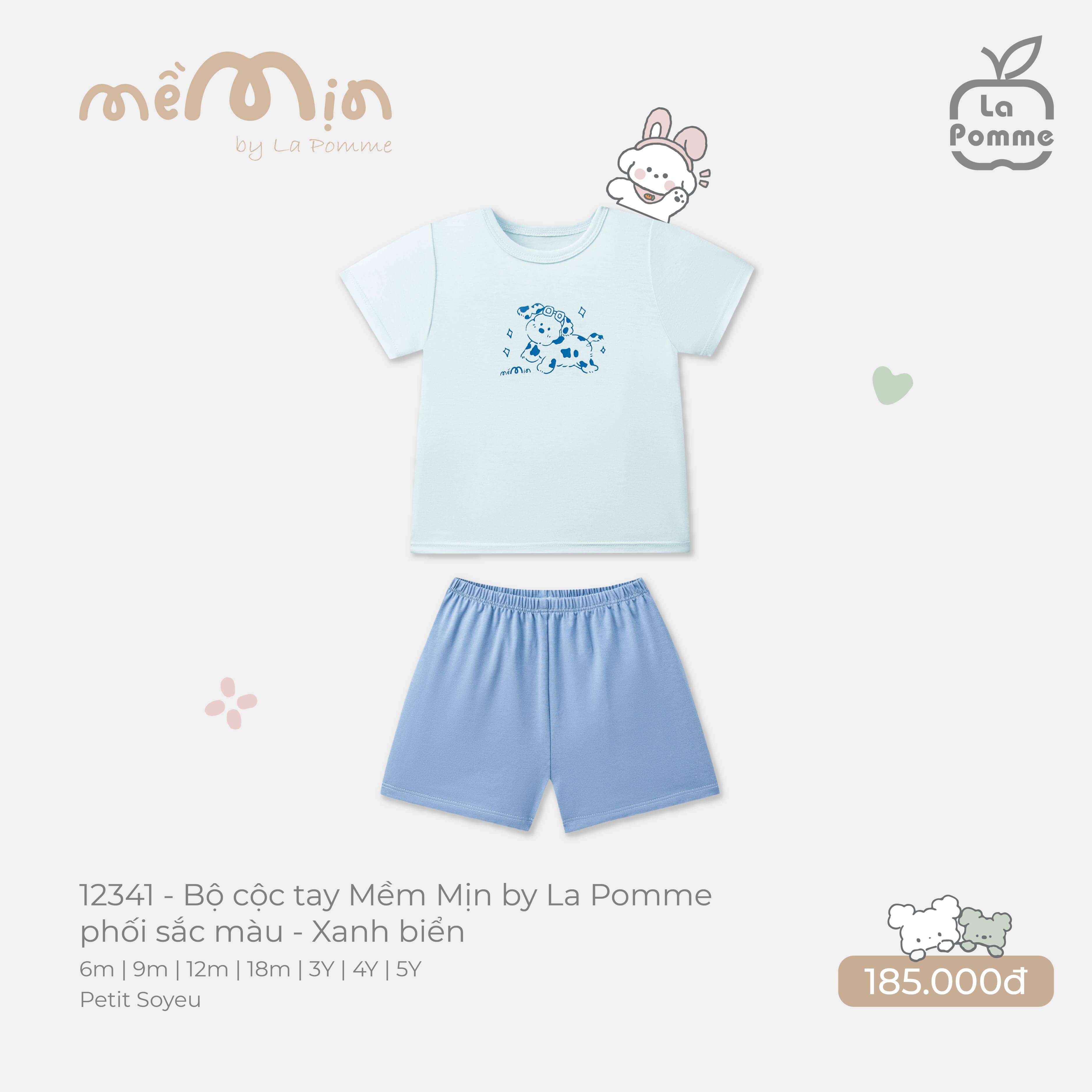 Bộ cộc tay Mềm Mịn by La Pomme phối sắc màu Xanh biển (6M,9M,12M,18M,3Y,4Y,5Y)