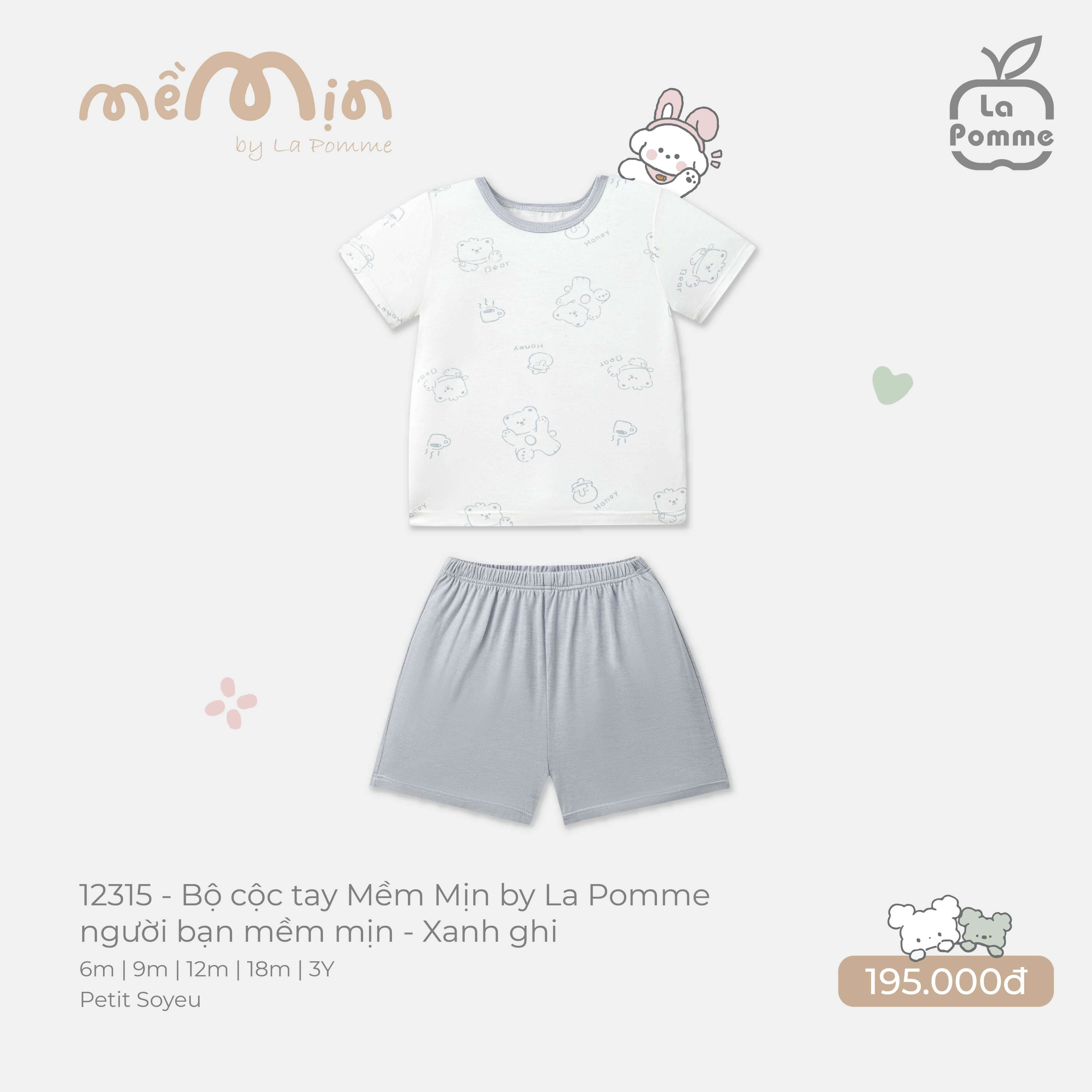 Bộ cộc tay Mềm Mịn by La Pomme người bạn mềm mịn Xanh Ghi (6M,9M,12M,18M,3Y)