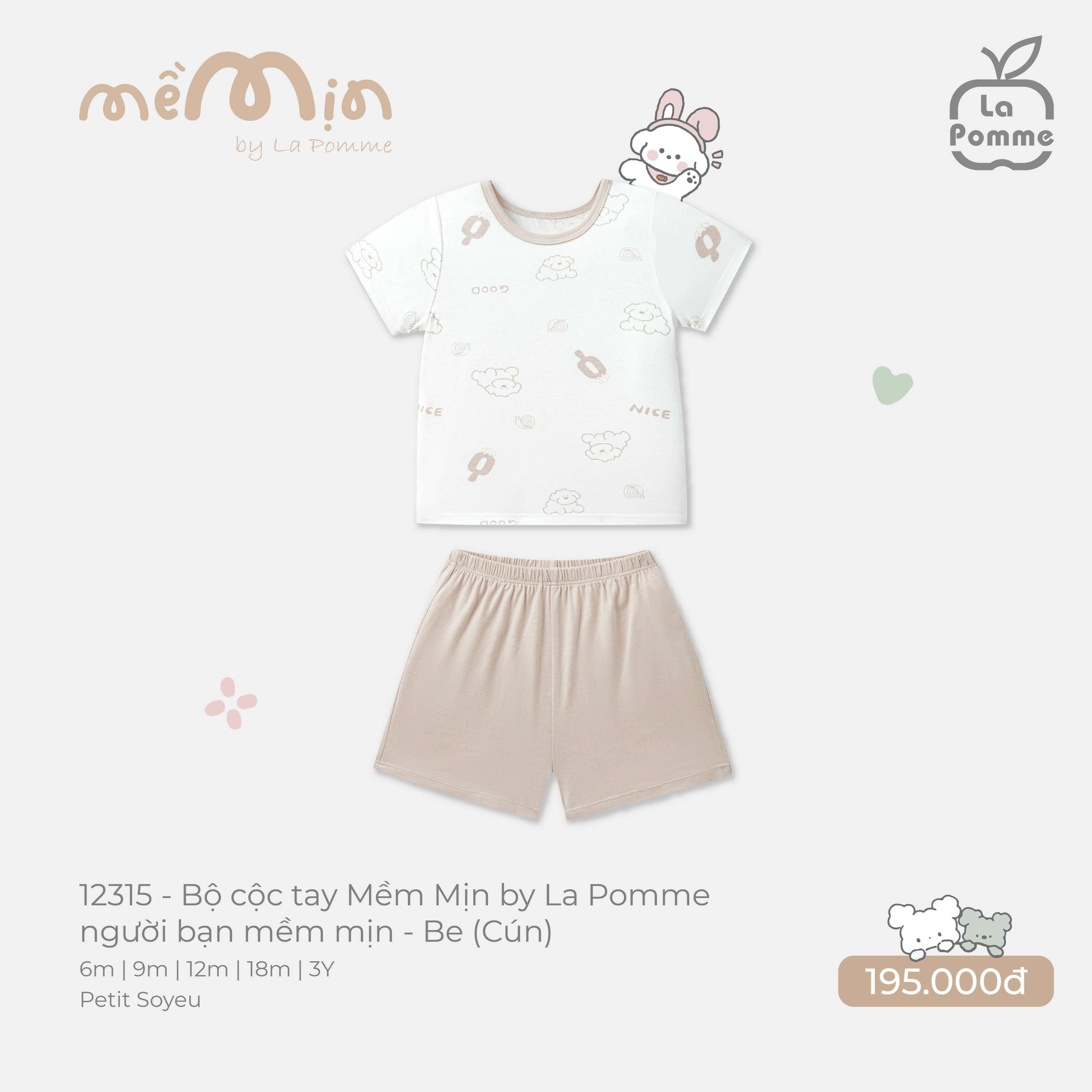 Bộ cộc tay Mềm Mịn by La Pomme người bạn mềm mịn Be (Cún) (6M,9M,12M,18M,3Y)