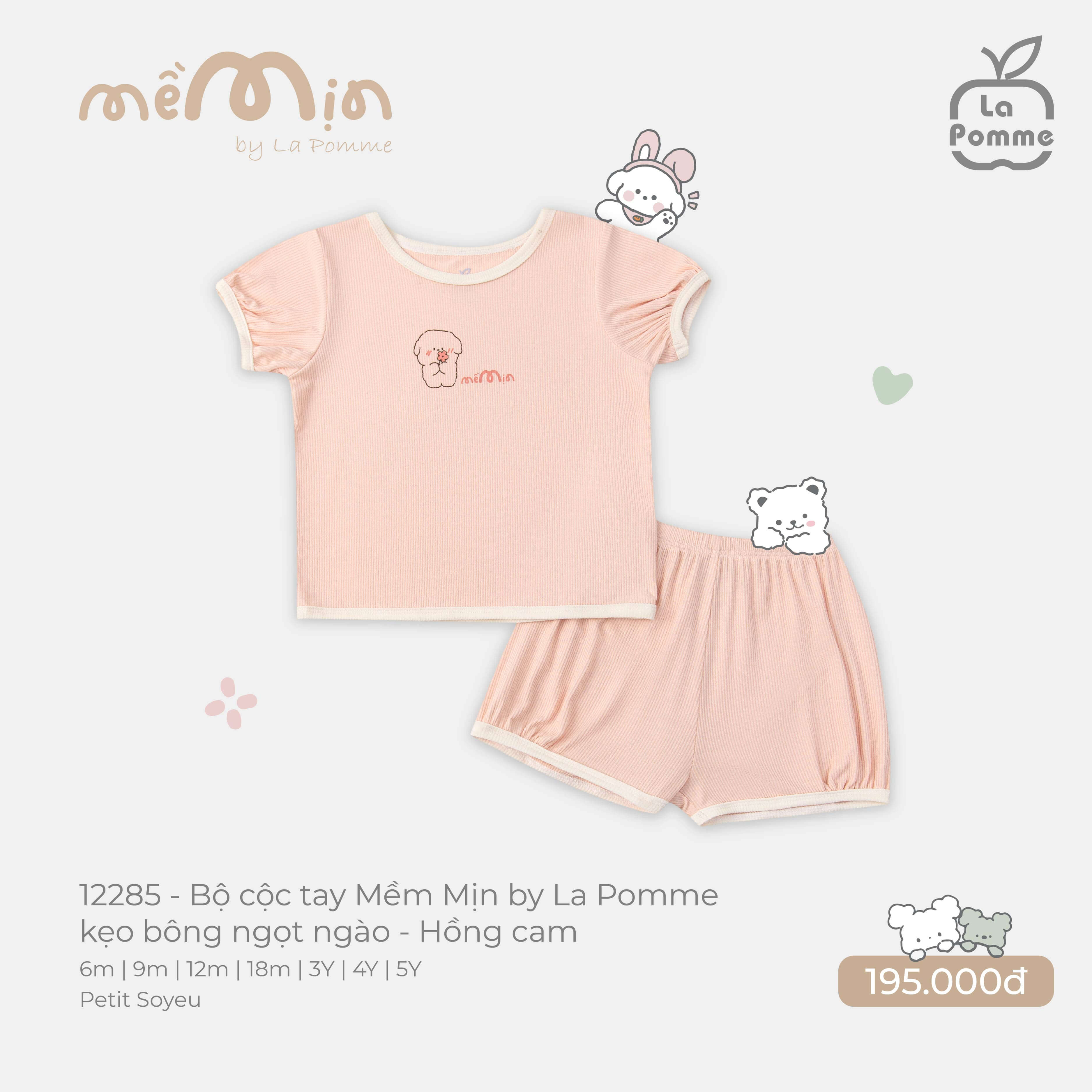 Bộ cộc tay Mềm Mịn by La Pomme kẹo bông ngọt ngào Hồng Cam (6M,9M,12M,18M,3Y,4Y,5Y)