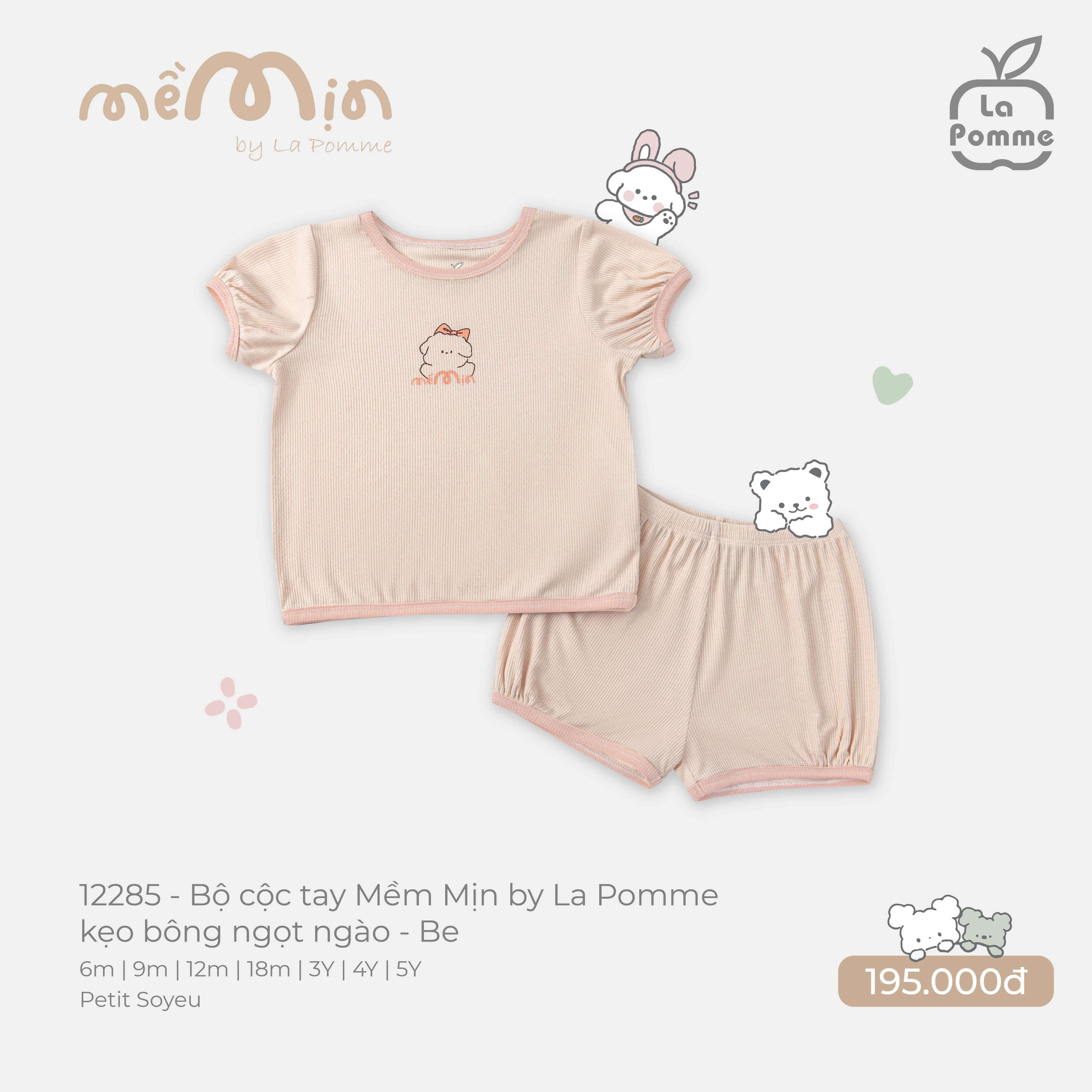 Bộ cộc tay Mềm Mịn by La Pomme kẹo bông ngọt ngào Be (6M,9M,12M,18M,3Y,4Y,5Y)