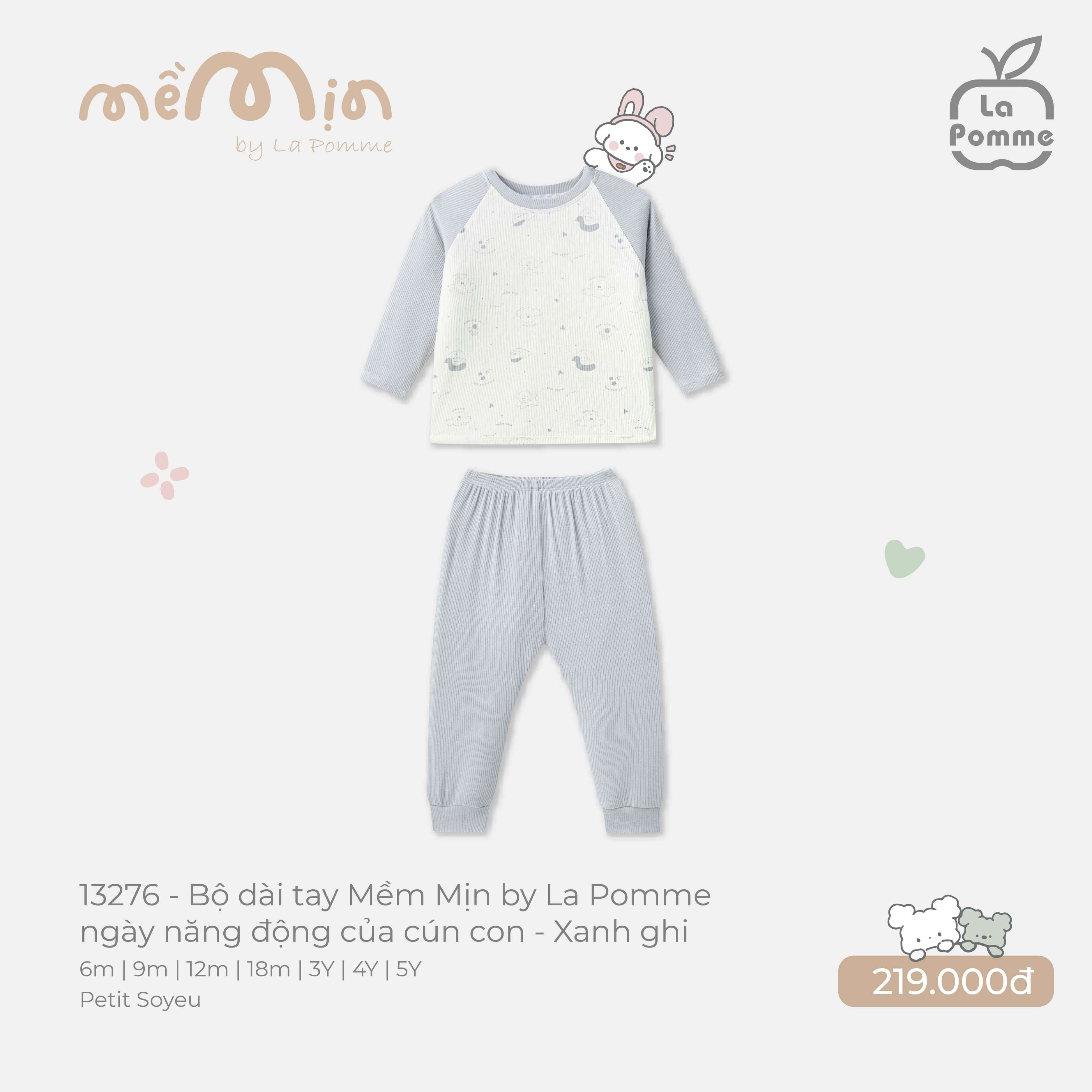 Bộ dài tay Mềm Mịn by La Pomme ngày năng động của cún con Xanh ghi (6M,9M,12M,18M,3Y,4Y,5Y)