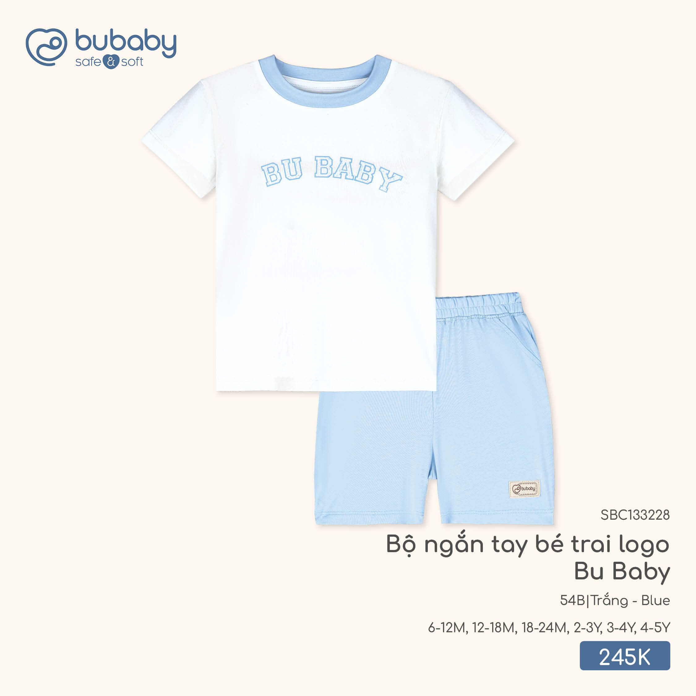 Bu Baby Bộ ngắn tay bé trai logo Bu Baby Trắng Blue (6-12M,12-18M,18-24M,2-3Y,3-4Y,4-5Y)