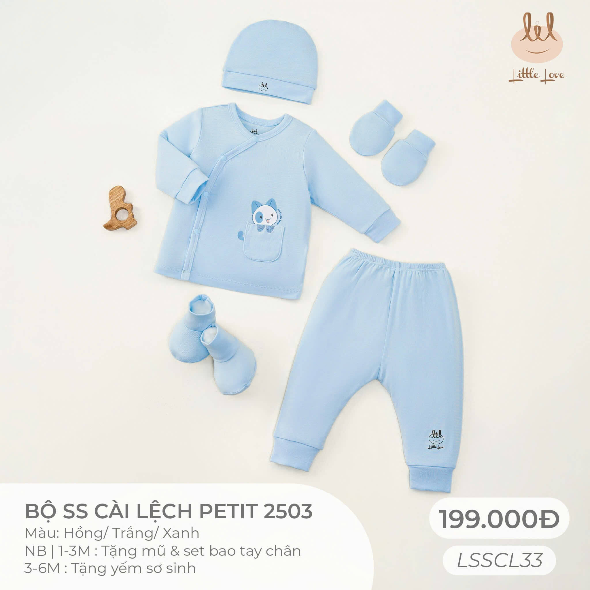 Little Love Bộ Sơ Sinh Cài Lệch Petit 2503 Xanh (3-6M,1-3M,Newborn)