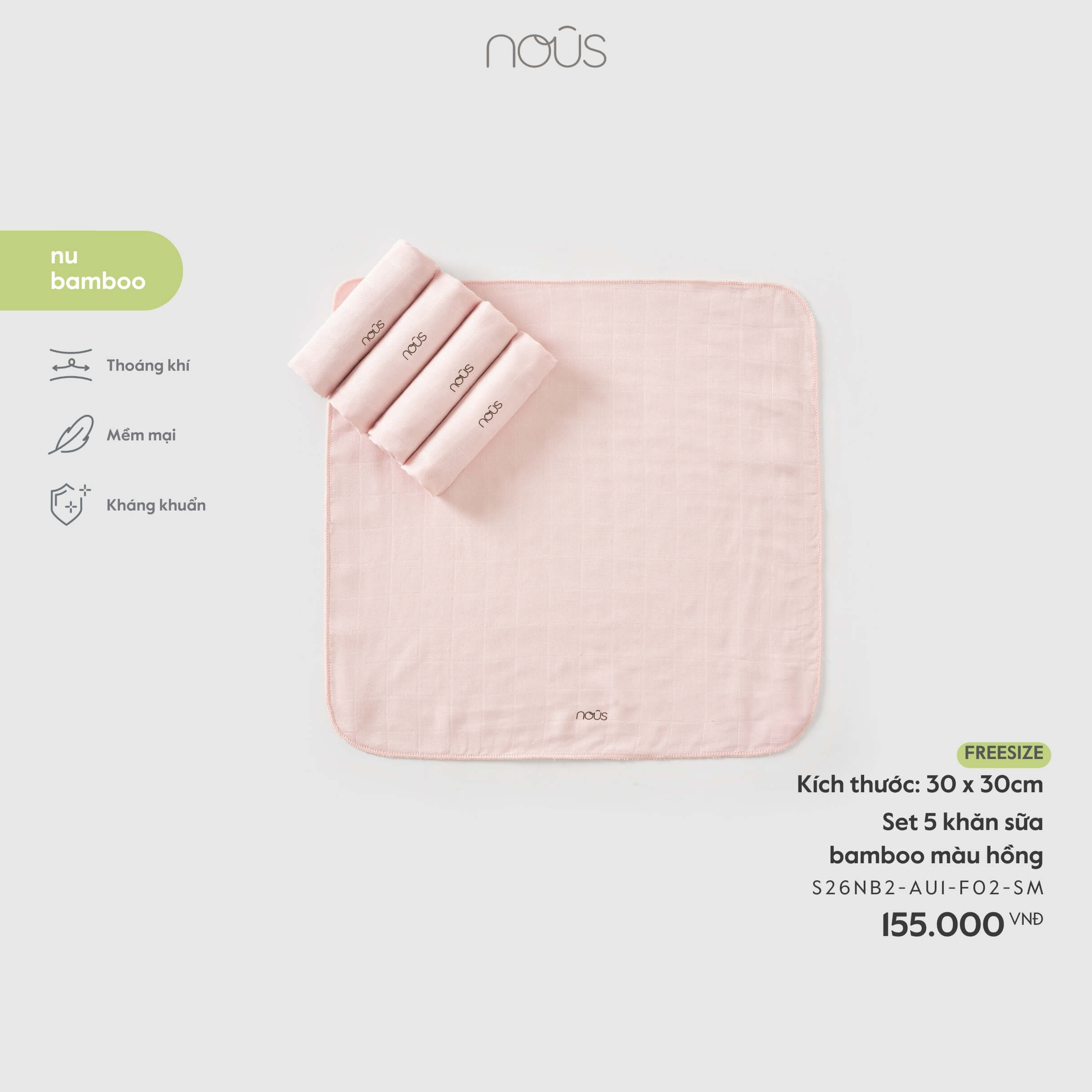 Nous Set 5 khăn sữa bamboo màu hồng