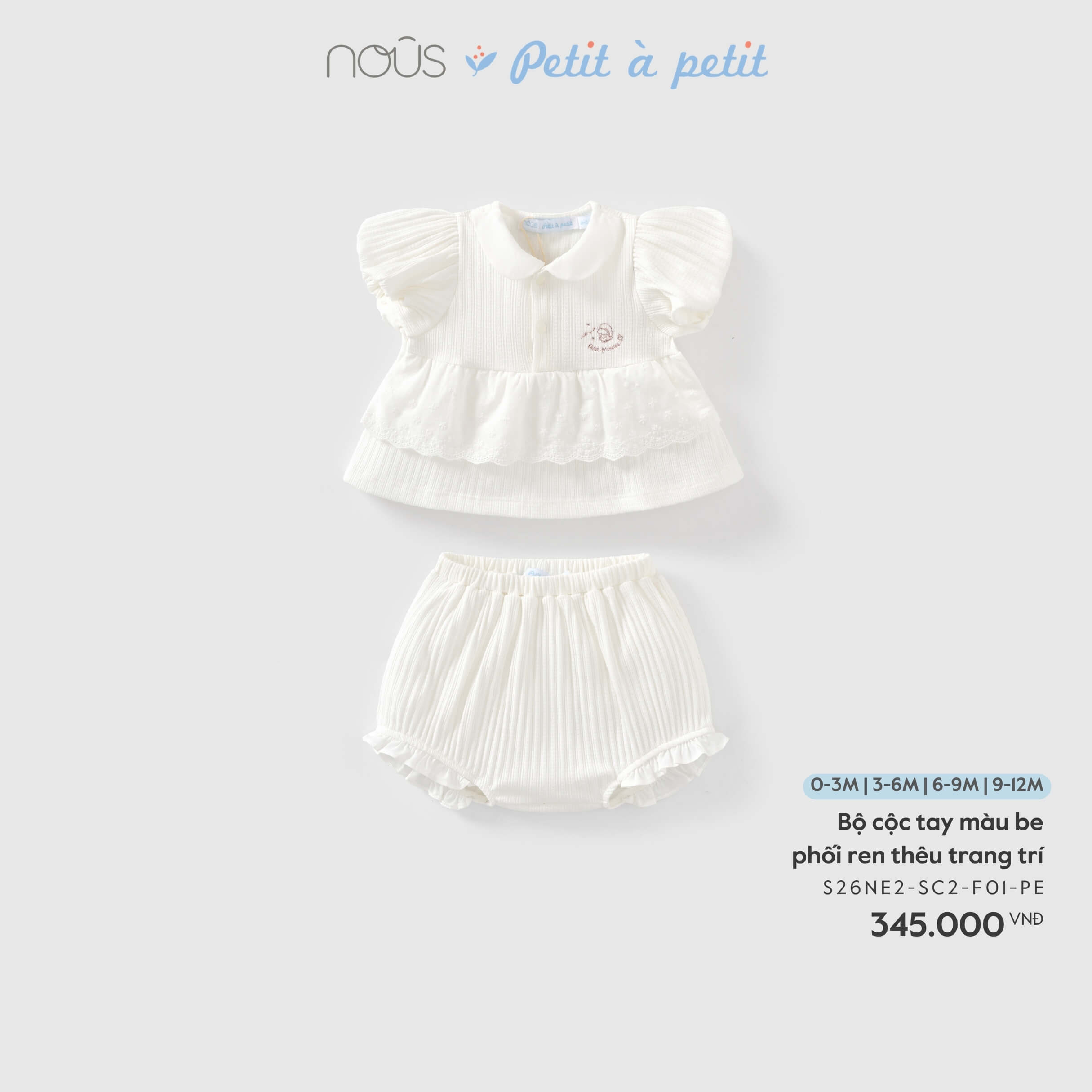 Nous Bộ cộc tay màu be phối ren thêu trang trí (3M,6M,9M)