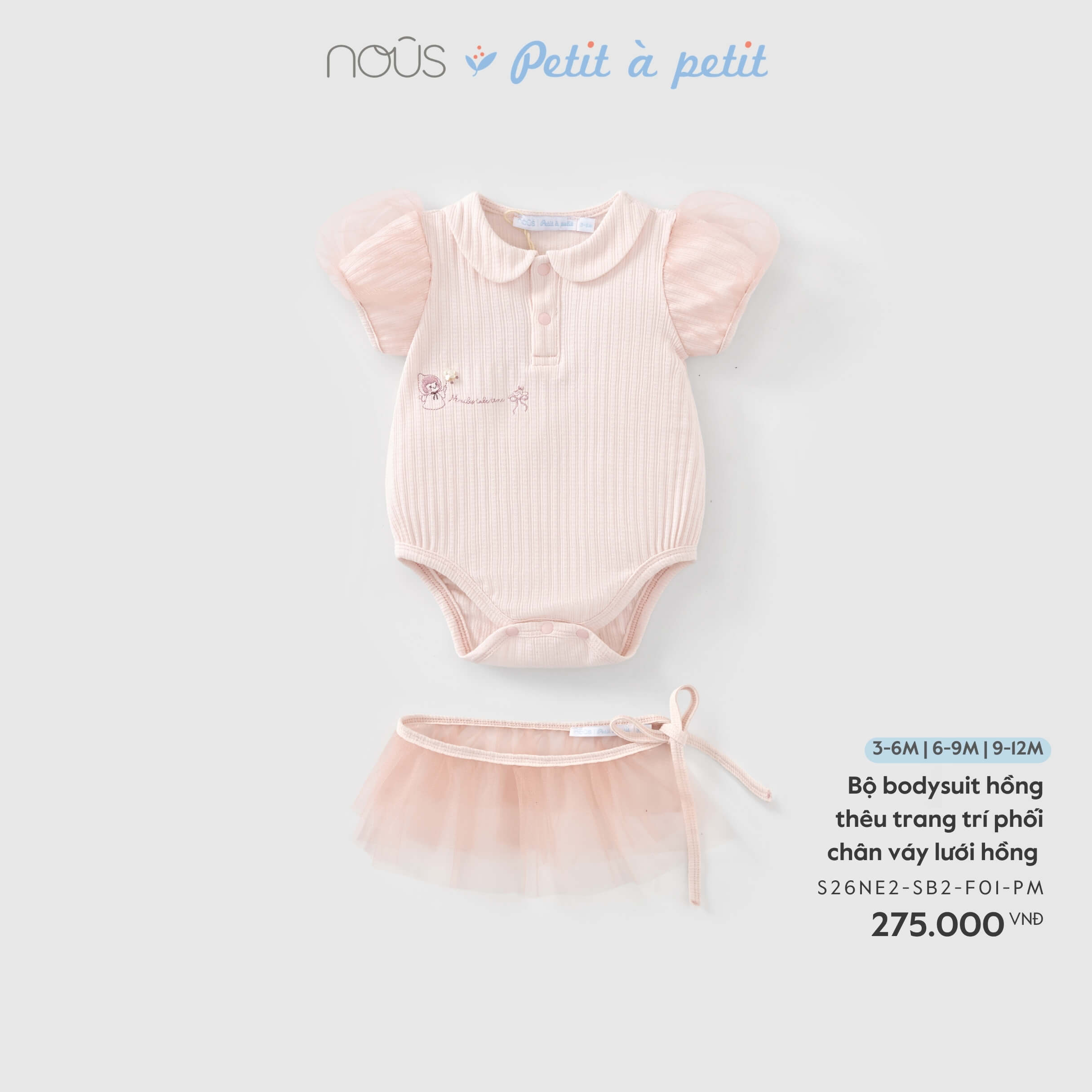 Nous Bộ bodysuit hồng thêu trang trí phối chân váy lưới hồng (6M,9M)