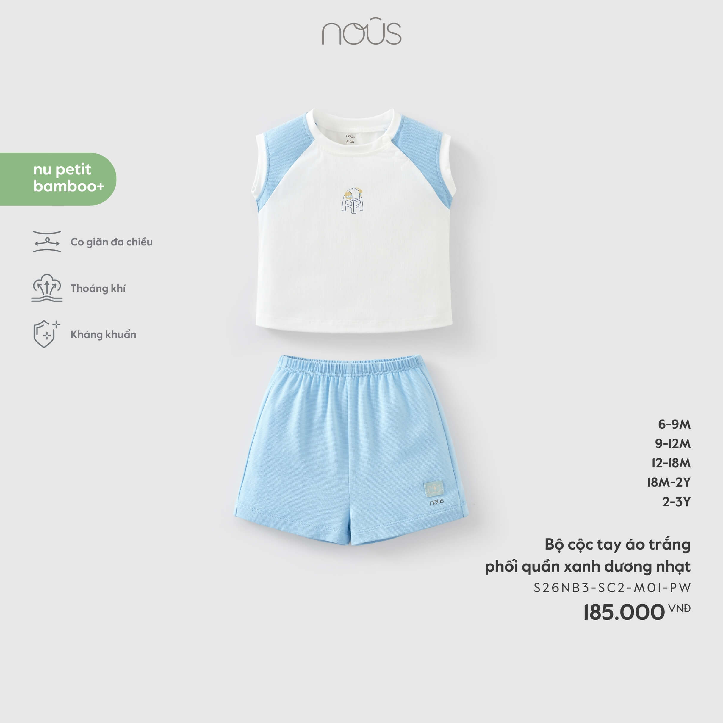 Nous Bộ cộc tay áo trắng phối quần xanh dương nhạt (6M,9M,12M,18M,2Y)