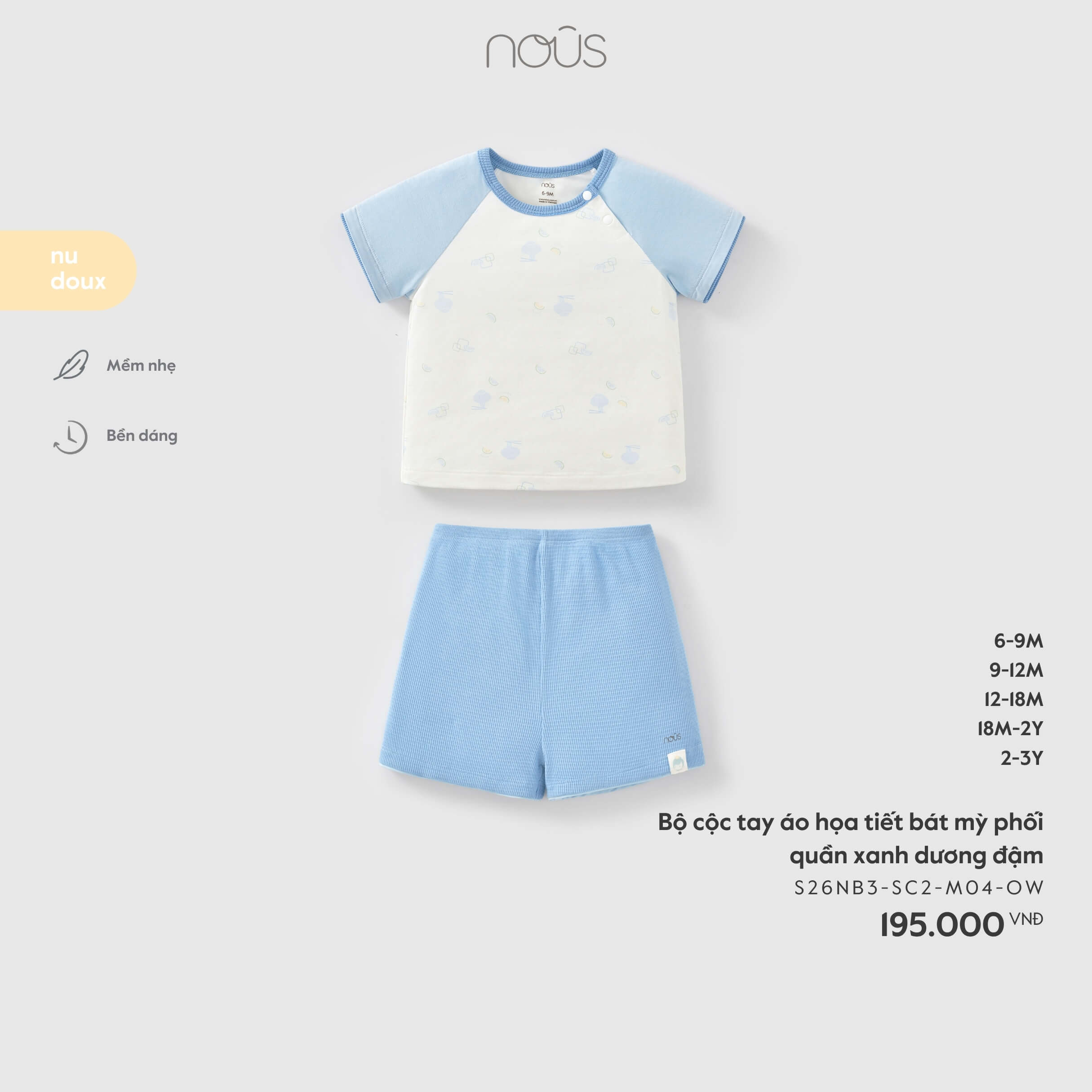 Nous Bộ cộc tay áo họa tiết bát mỳ phối quần xanh dương đậm (6M,9M,12M,18M,2Y)