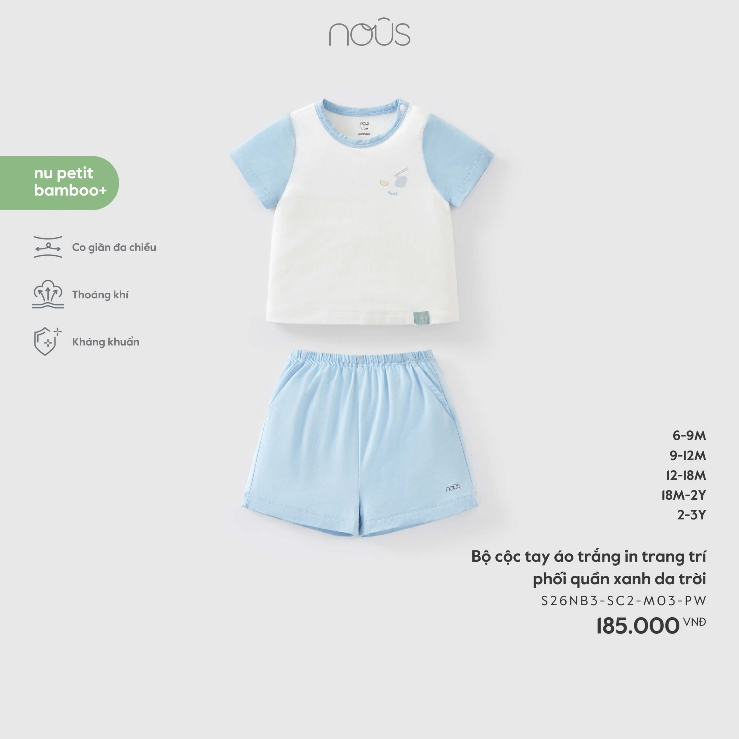 Nous Bộ cộc tay áo trắng in trang trí phối quần xanh da trời (6M,9M,12M,18M,2Y)