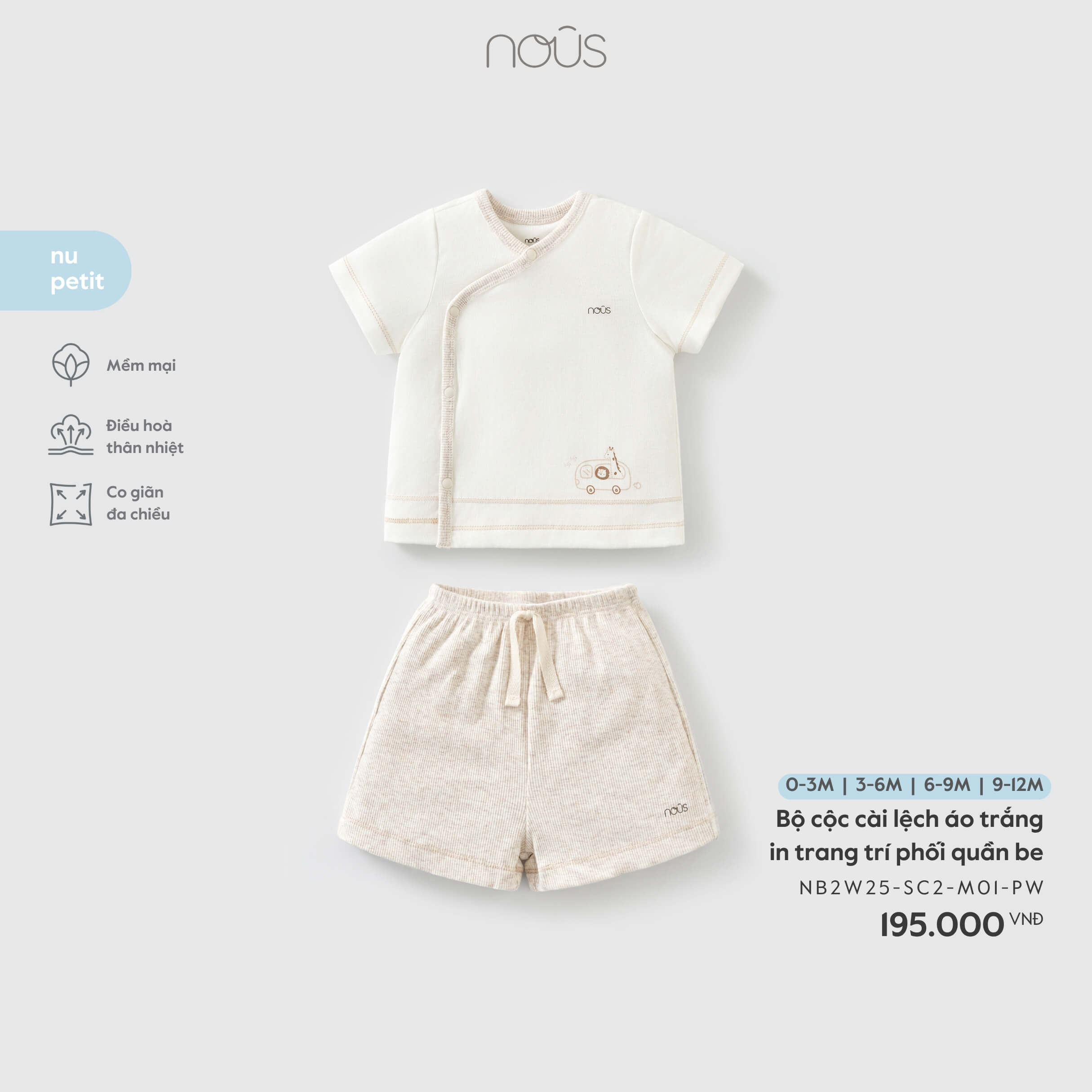 Nous Bộ cộc cài lệch áo trắng in trang trí phối quần be (6M,9M)