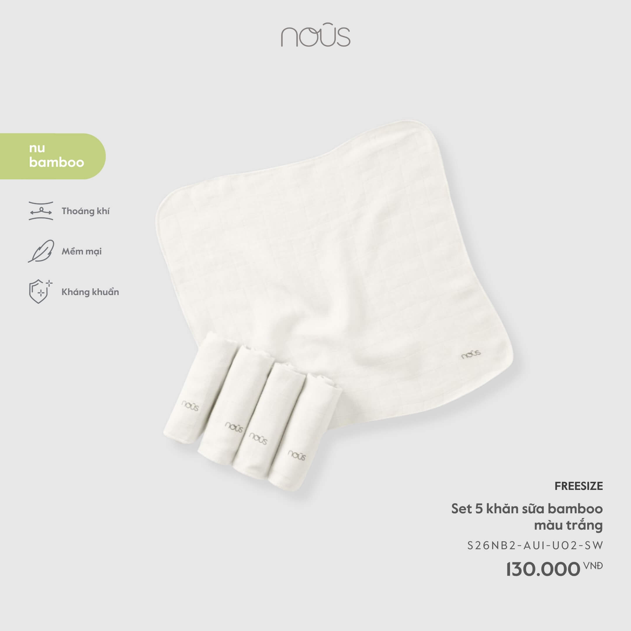 Nous Set 5 khăn sữa bamboo màu trắng
