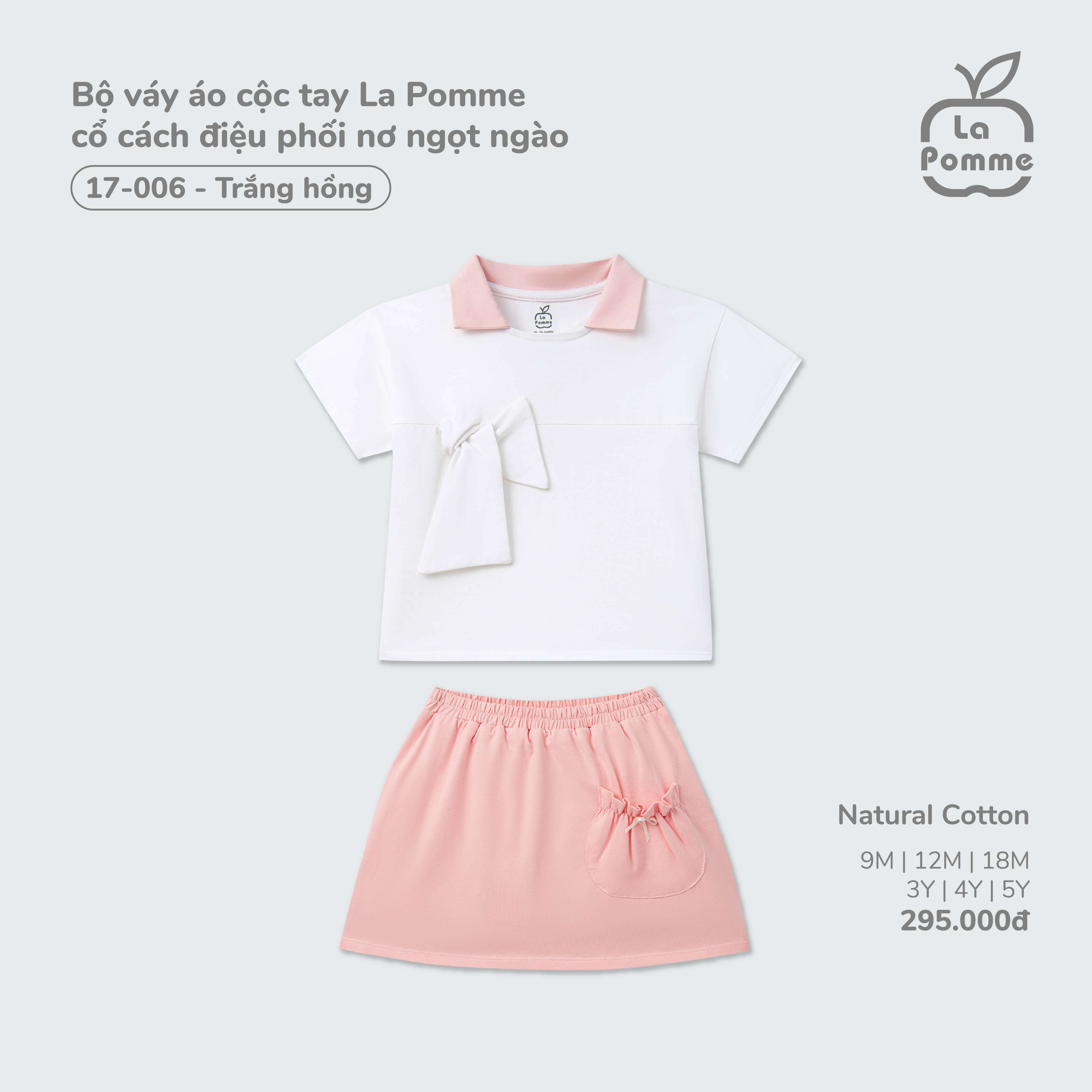 Bộ váy áo cộc tay La Pomme cổ cách điệu phối nơ ngọt ngào Trắng Hồng (9M,12M,18M,3Y,4Y,5Y)