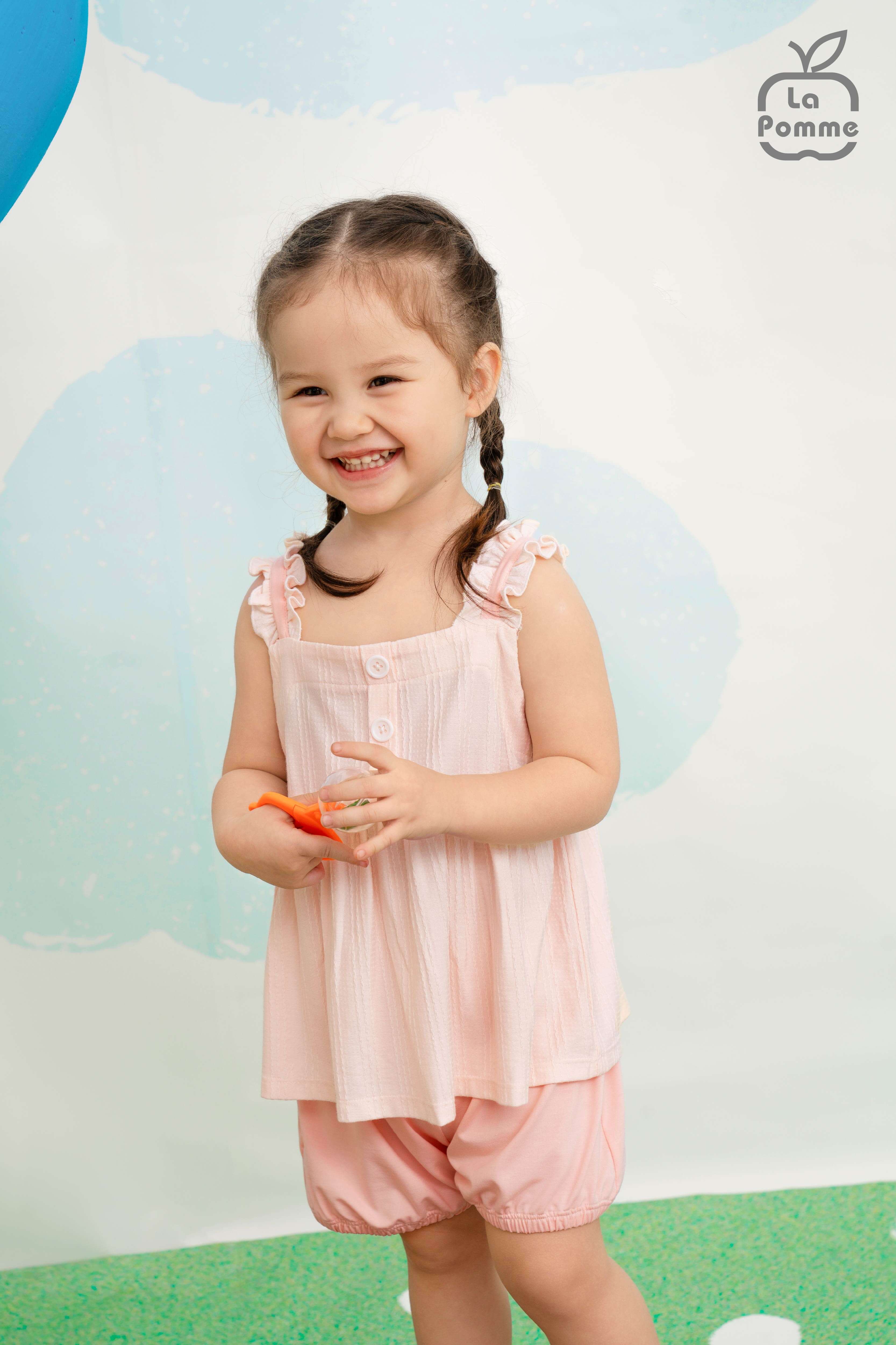 Bộ sát nách La Pomme viền bèo hè xinh mát dịu Hồng (6M,9M,12M,18M,3Y,4Y,5Y) — ảnh 2