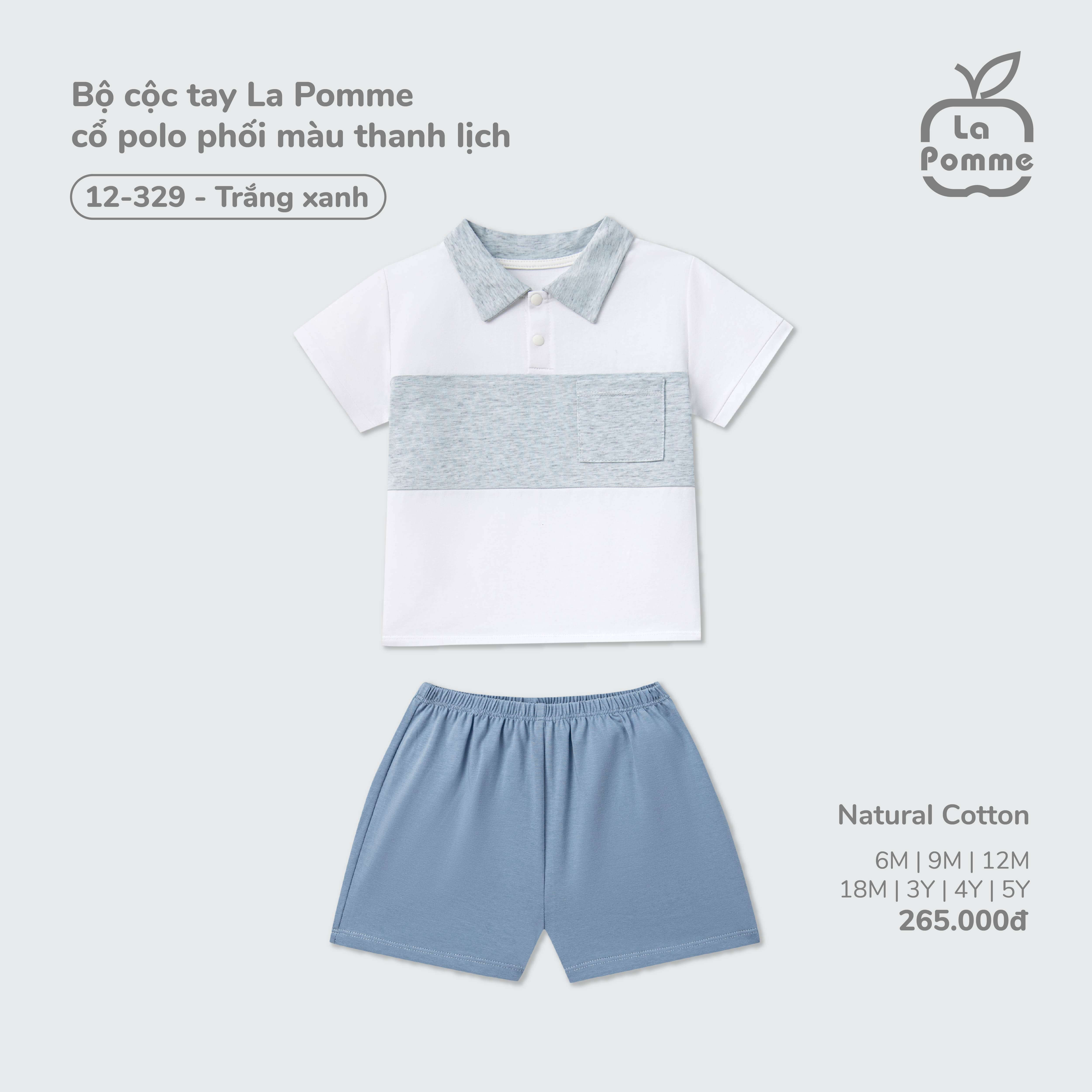Bộ cộc tay La Pomme cổ polo phối màu thanh lịch Trắng Xanh (6M,9M,12M,18M,3Y,4Y,5Y)