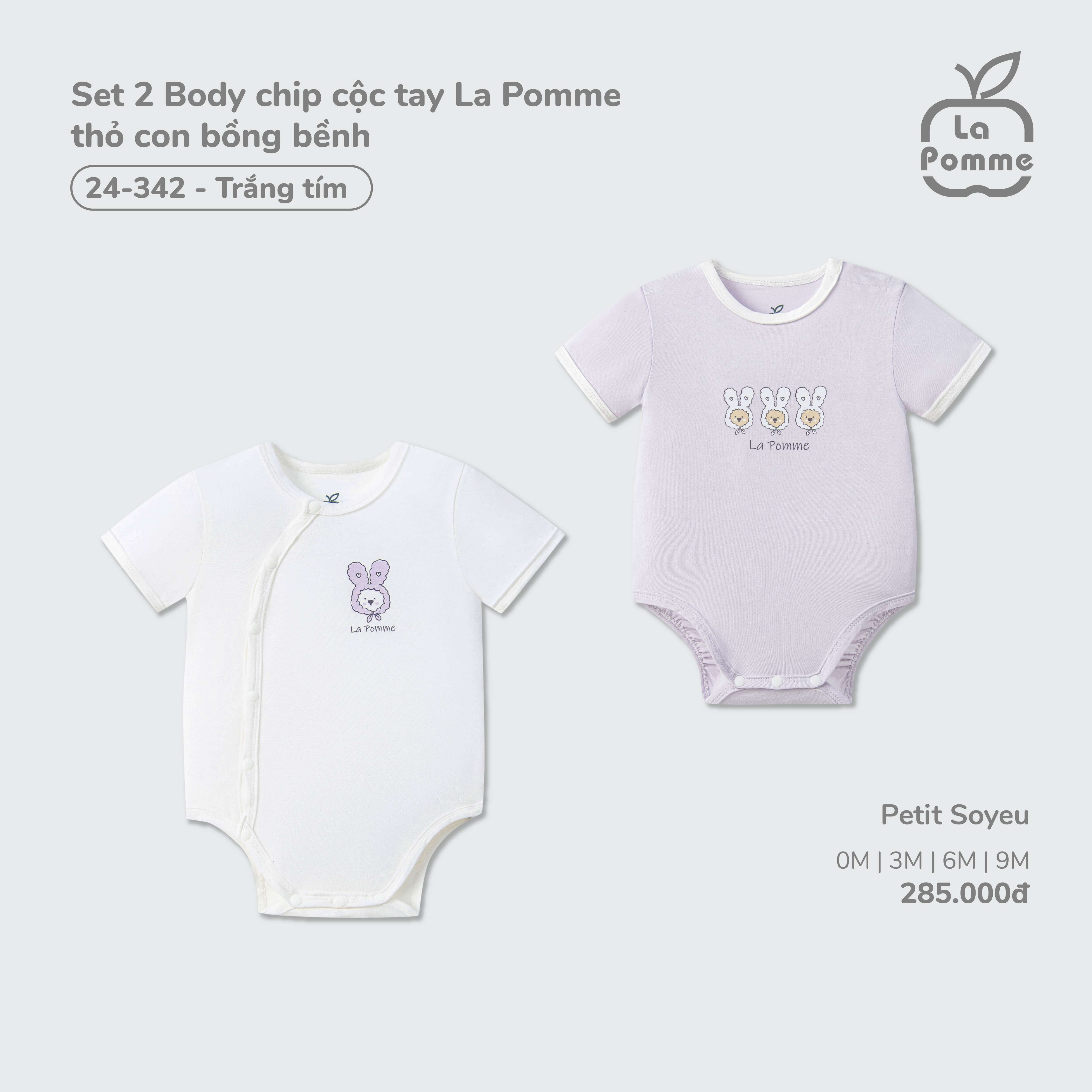 Set 2 Body chip cộc tay La Pomme thỏ con bồng bềnh Trắng Tím (0M,3M,6M,9M)