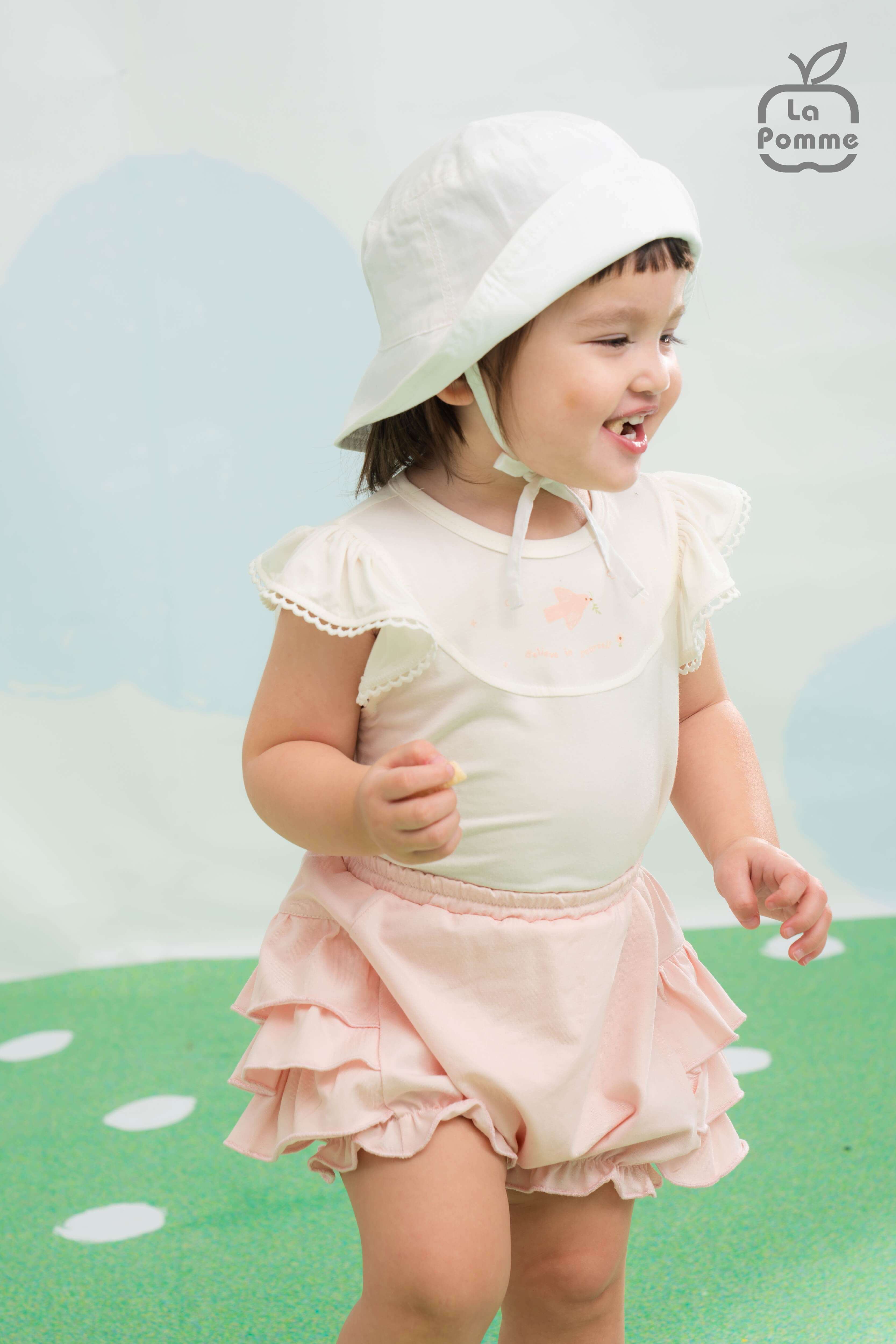 Bộ cộc tay La Pomme quần bí xếp li dễ thương Trắng (6M,9M,12M,18M)