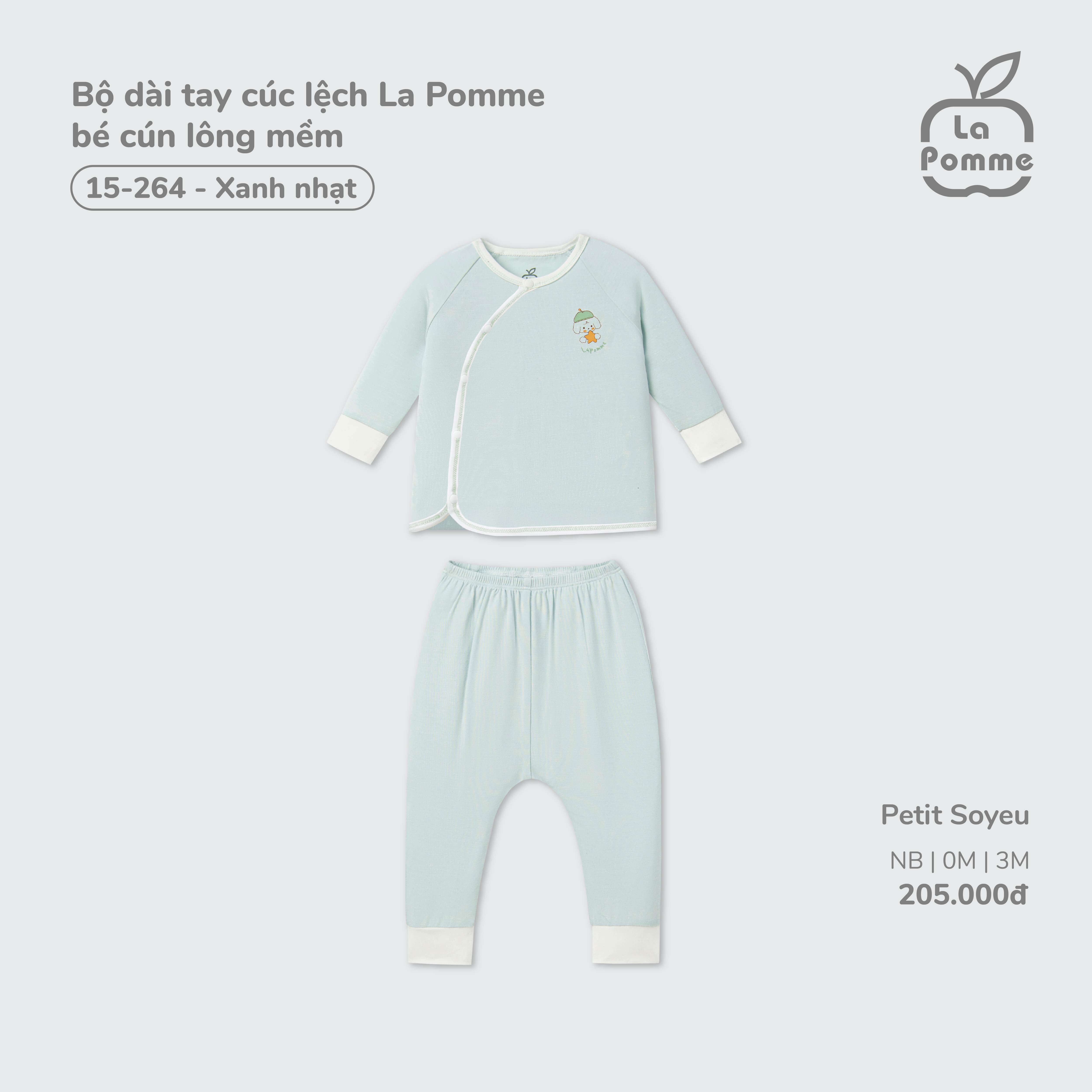 Bộ dài tay cúc lệch La Pomme bé cún lông mềm Xanh nhạt (Newborn,0M,3M)