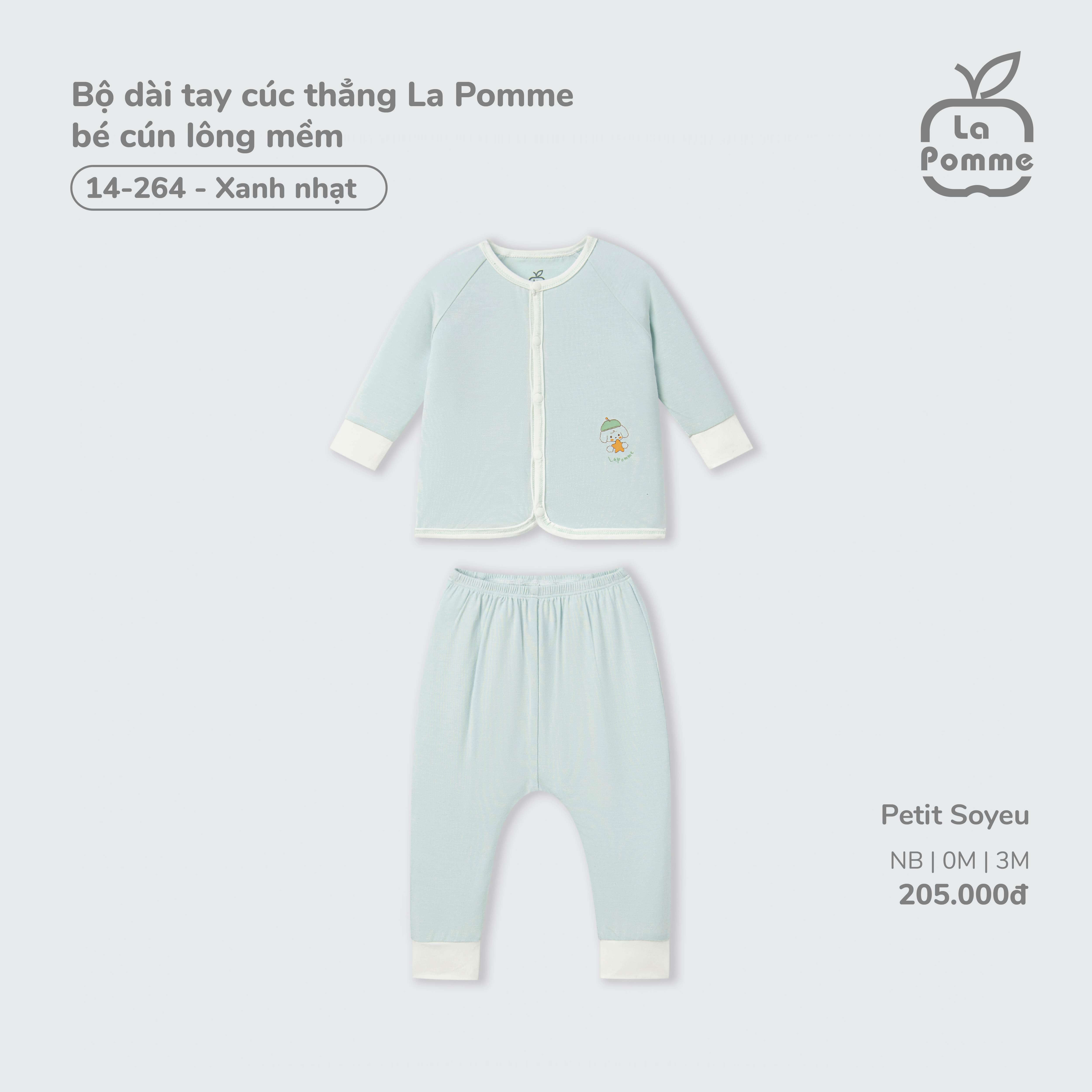 Bộ dài tay cúc thẳng La Pomme bé cún lông mềm Xanh nhạt (Newborn,0M,3M)