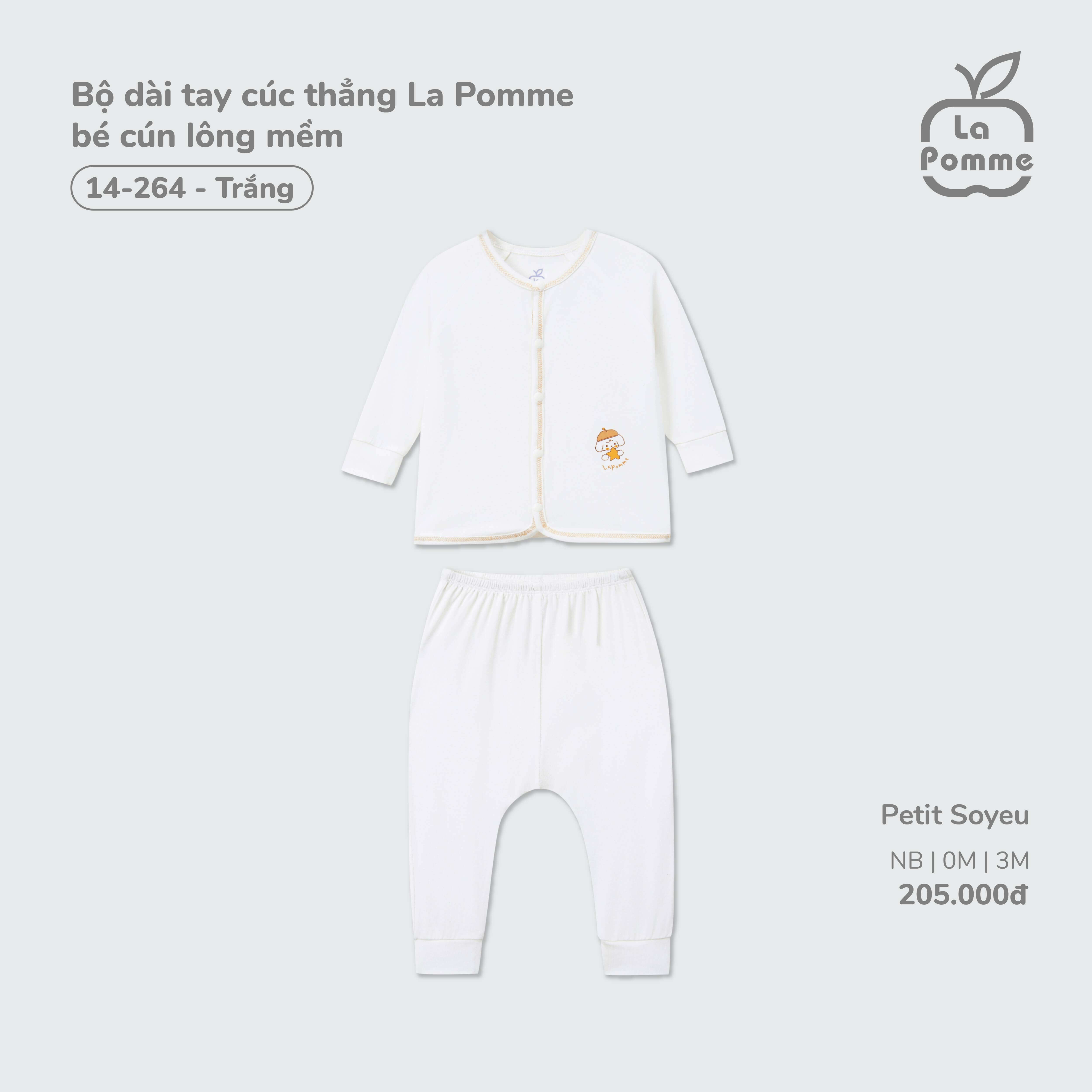 Bộ dài tay cúc thẳng La Pomme bé cún lông mềm Trắng (Newborn,0M,3M)