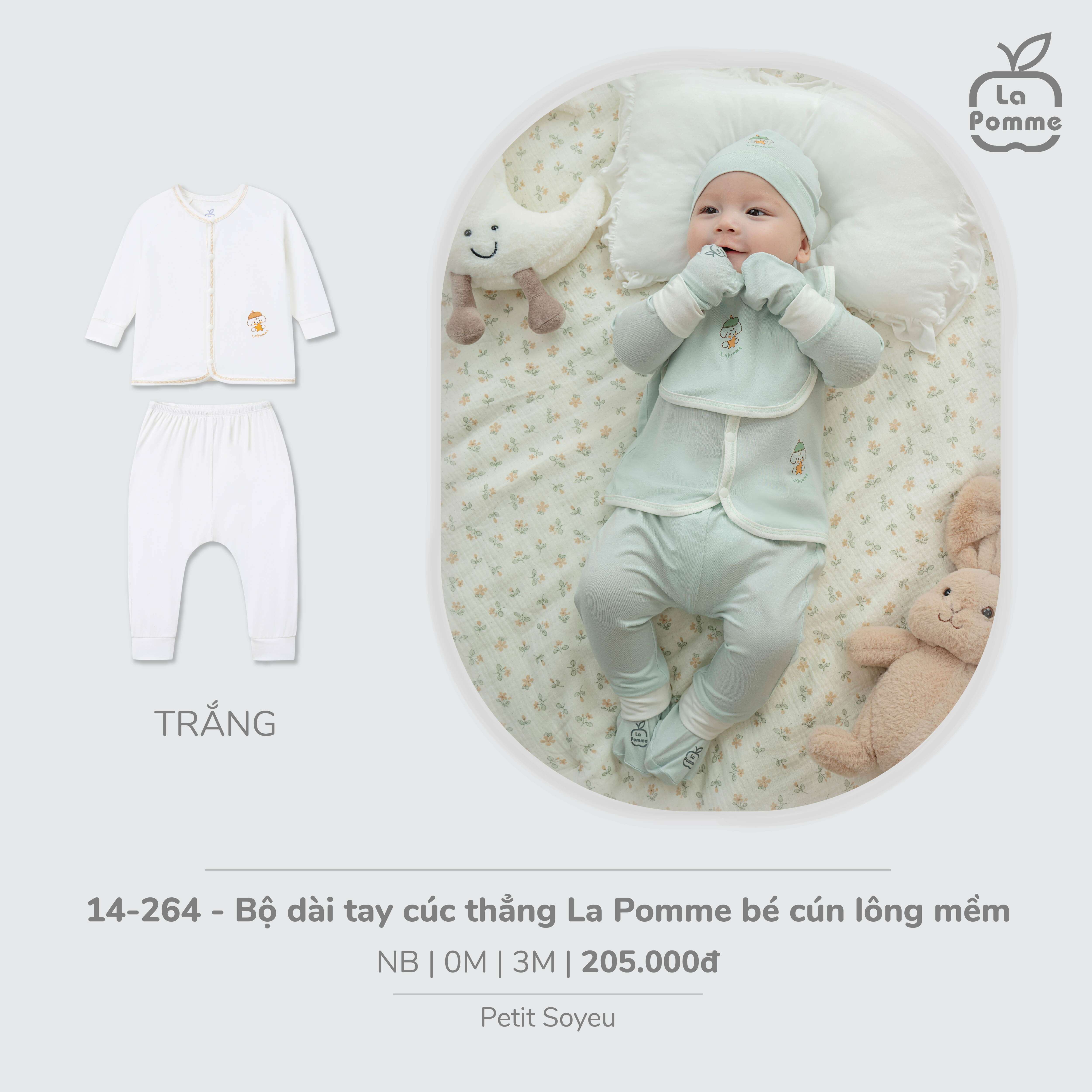Bộ dài tay cúc thẳng La Pomme bé cún lông mềm Trắng (Newborn,0M,3M) — ảnh 2