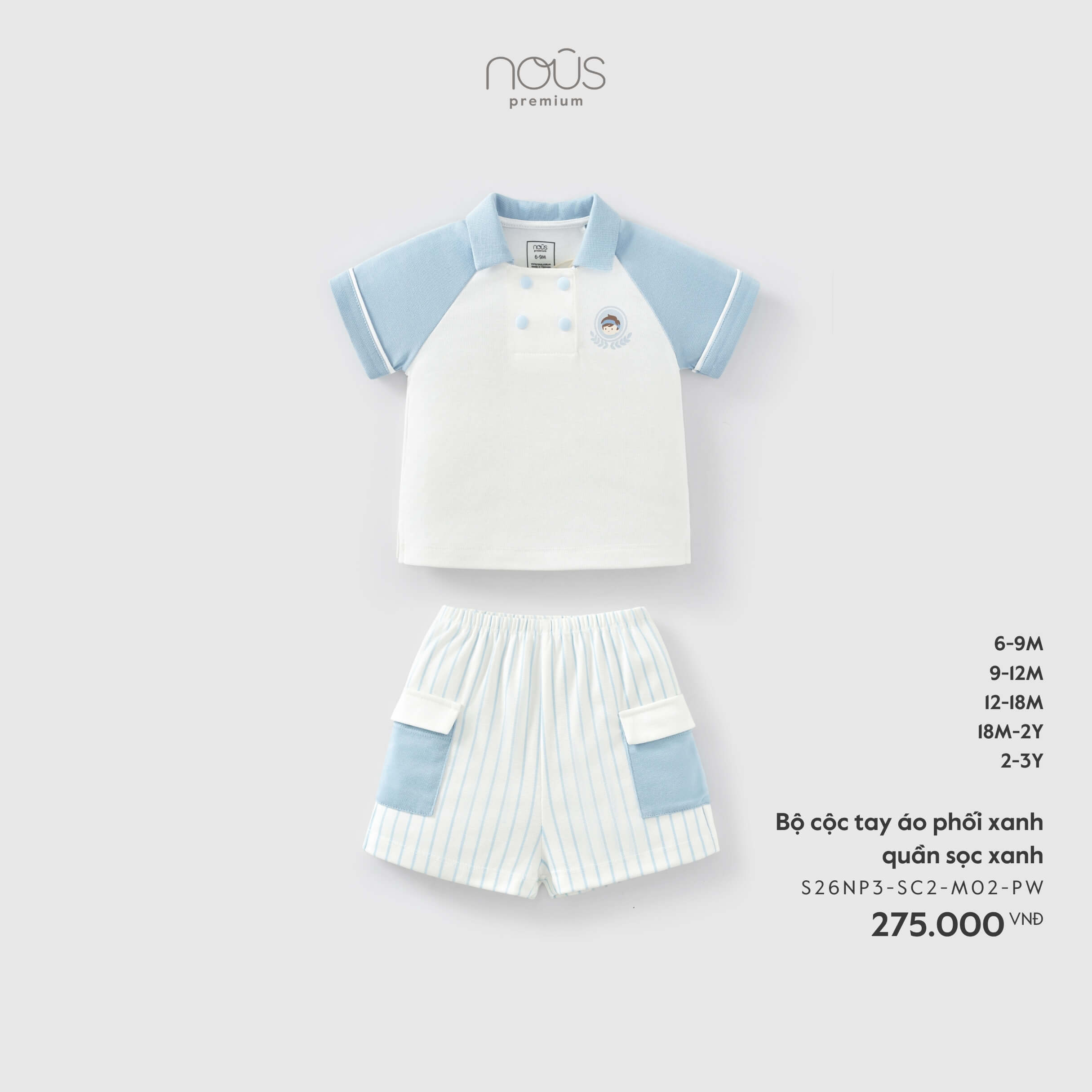 Nous Bộ cộc tay áo phối xanh, quần sọc xanh (9M,12M,18M,2Y)