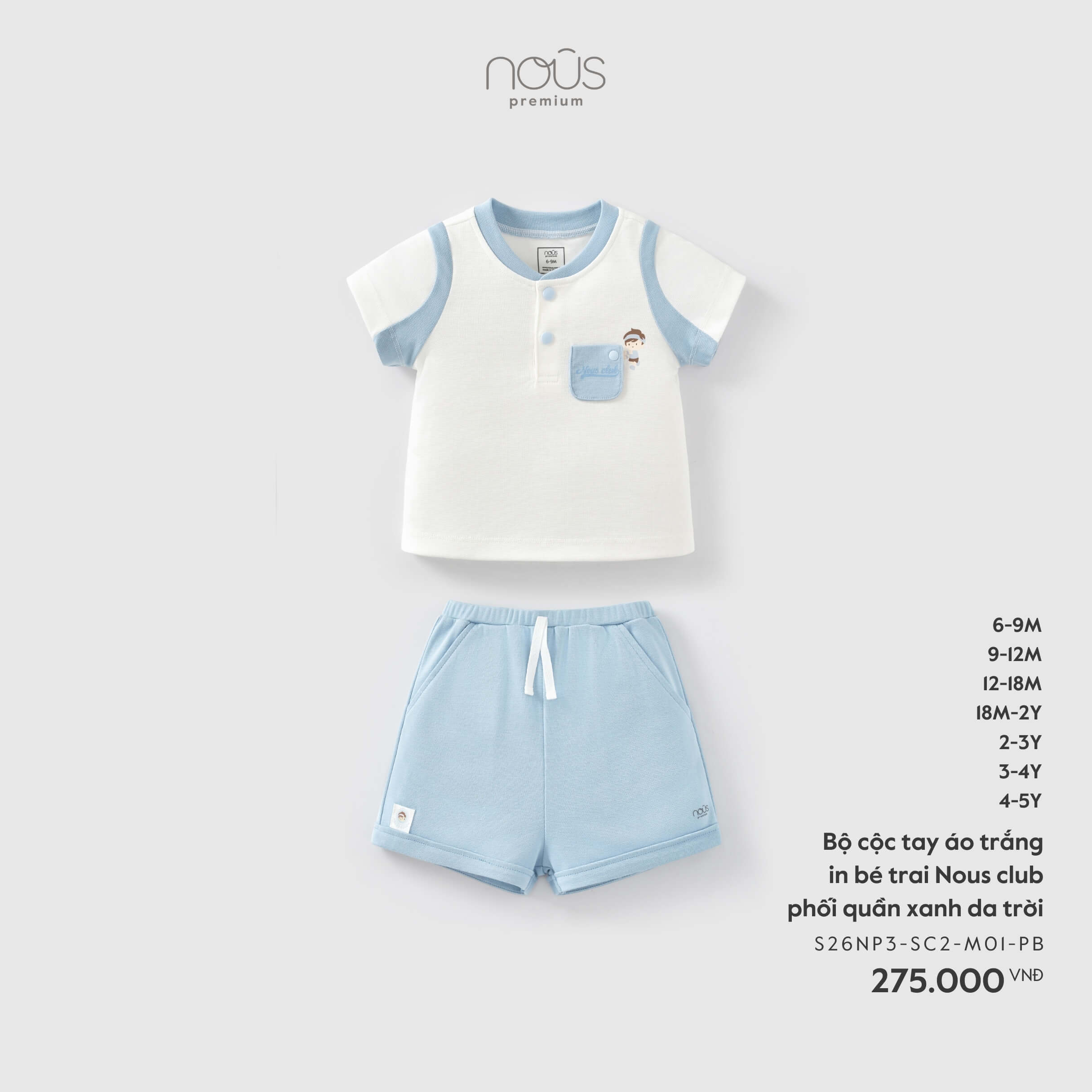 Nous Bộ cộc tay áo trắng in bé trai Nous club phối quần xanh da trời (6M,9M,12M,18M,2Y)