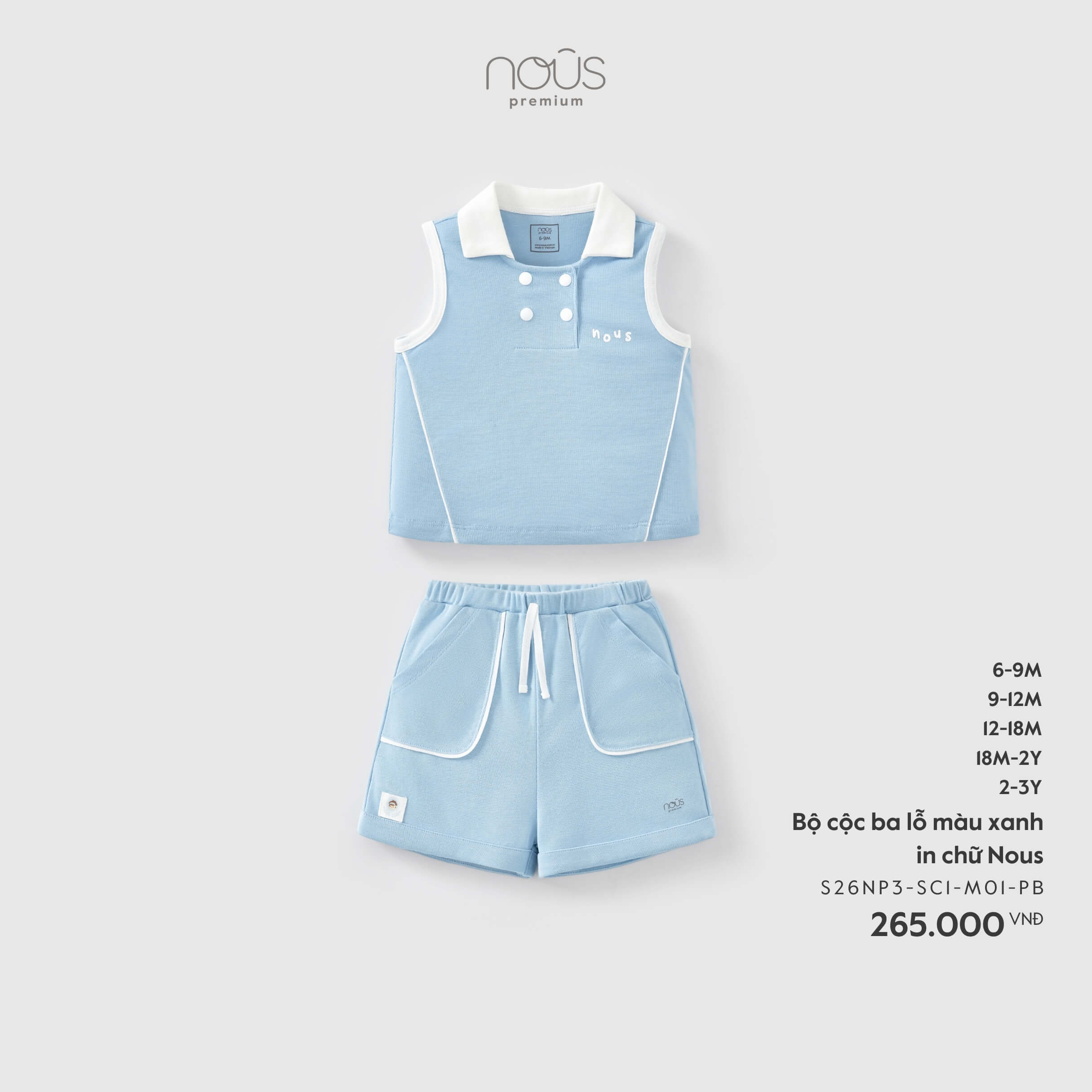 Nous Bộ cộc ba lỗ màu xanh in chữ Nous (6M,9M,12M,18M,2Y)