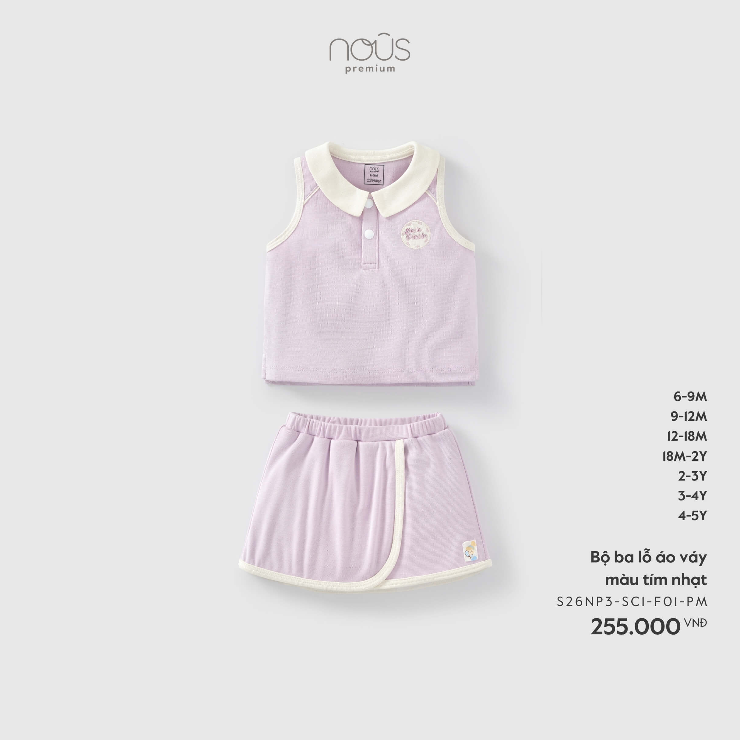 Nous Bộ ba lỗ áo váy màu tím nhạt (6M,9M,12M,18M,2Y,3Y,4Y)