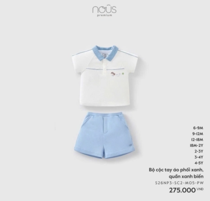 Nous Bộ cộc tay áo phối xanh, quần xanh biển (9M,12M,18M,2Y,3Y,4Y)