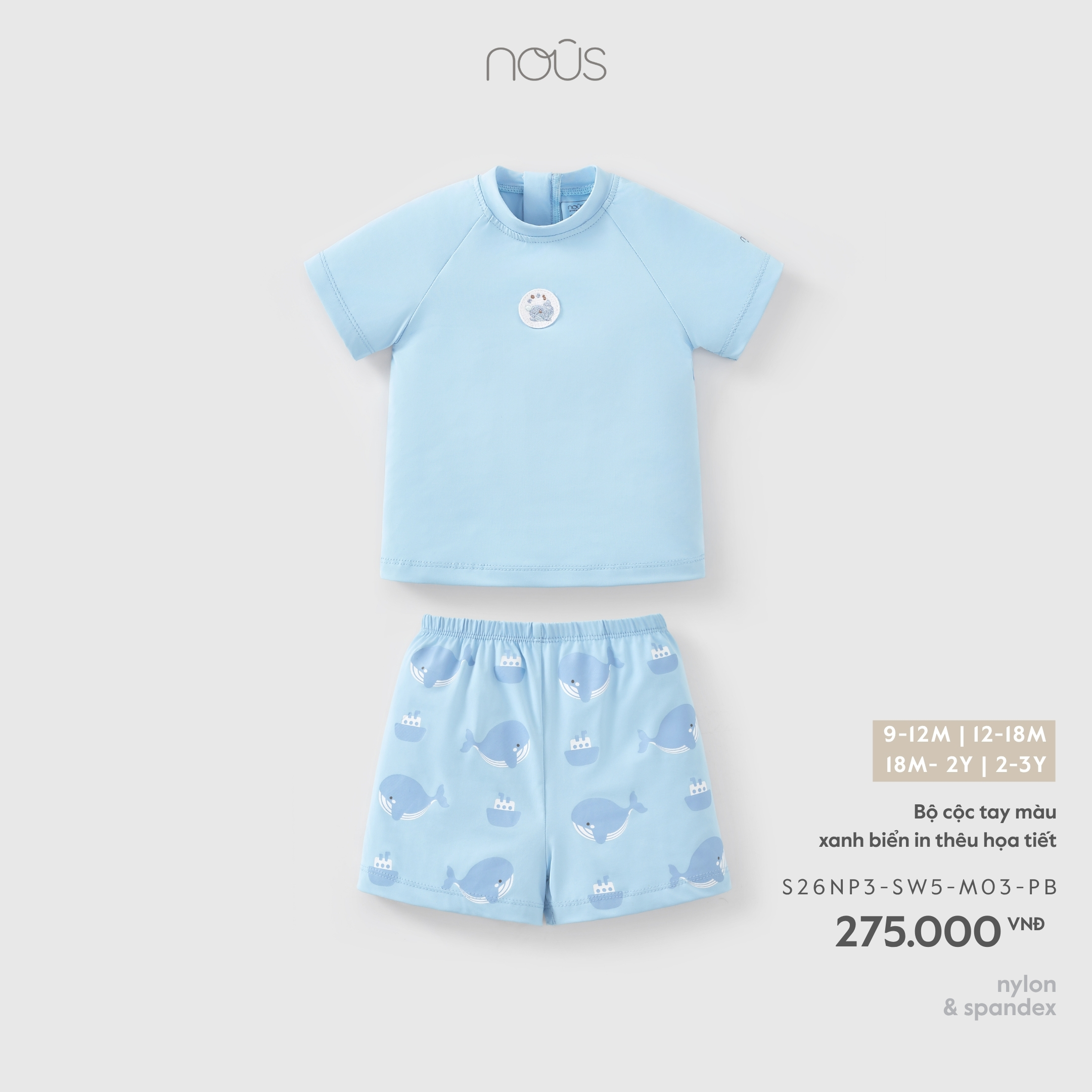 Nous Bộ cộc tay màu xanh biển in thêu họa tiết (9M,12M,18M,2Y)