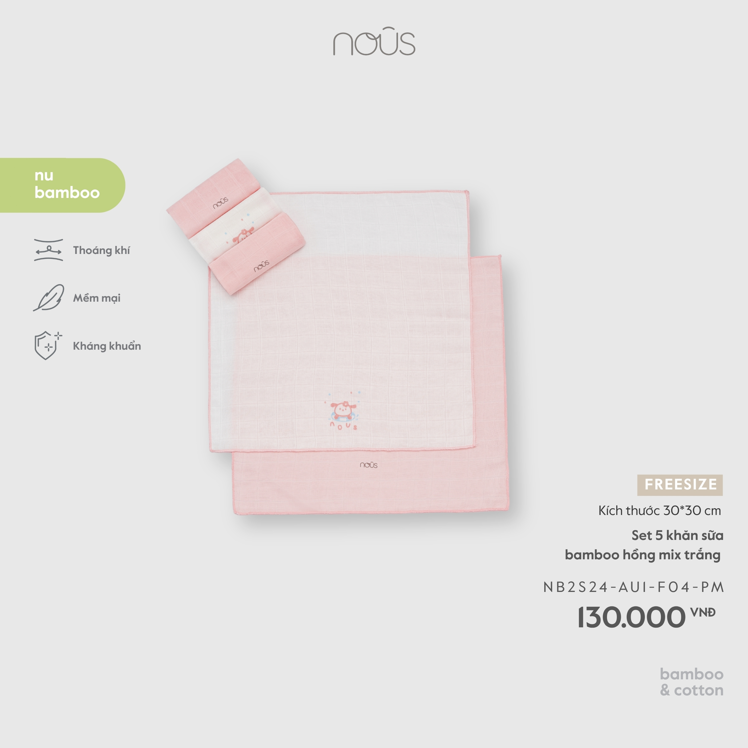 Nous Set 5 khăn sữa bamboo hồng mix trắng