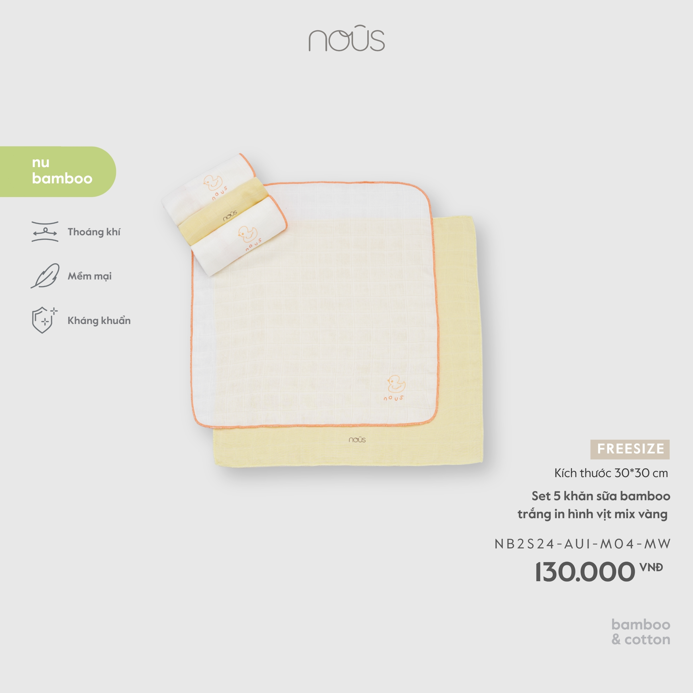 Nous Set 5 khăn sữa bamboo trắng in hình vịt mix vàng