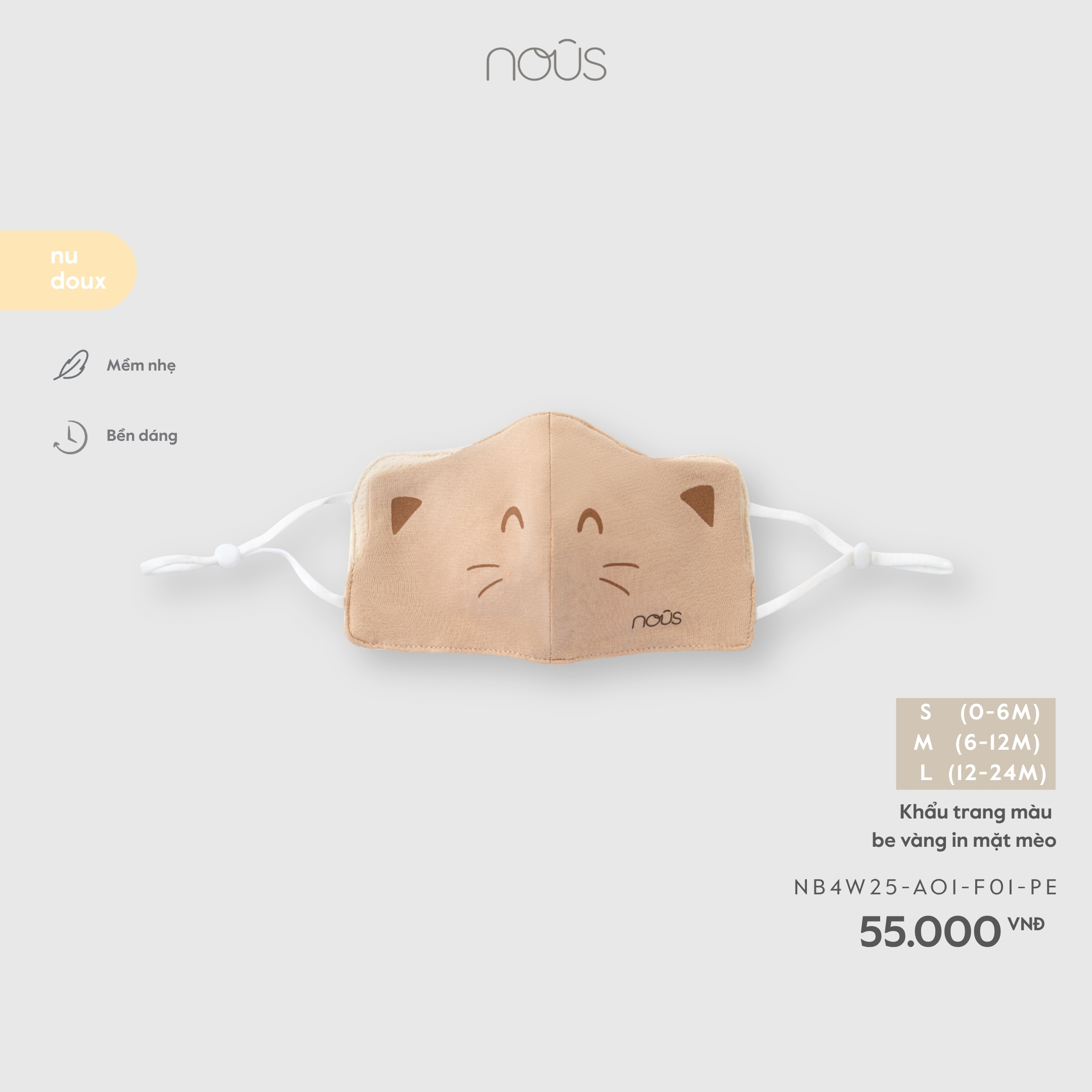 Nous Khẩu trang màu be vàng in mặt mèo (S,M,L)