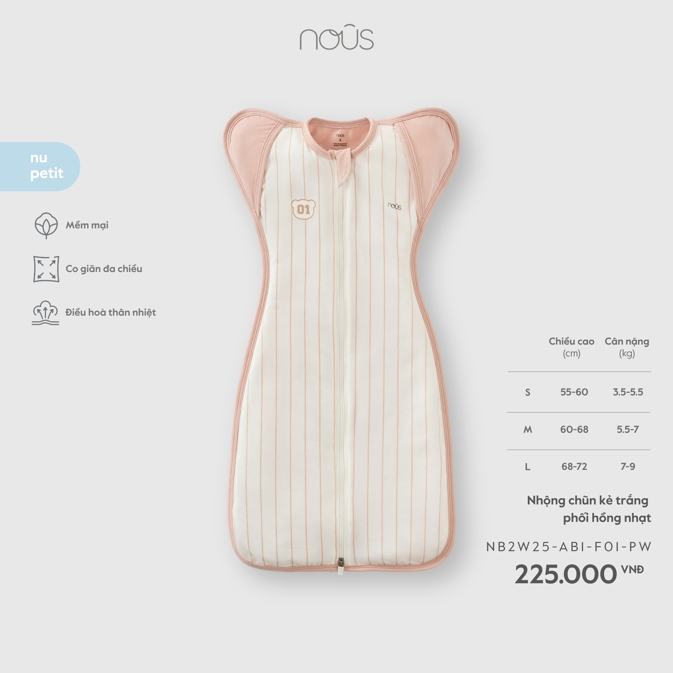 Nous Nhộng chũn kẻ trắng phối hồng nhạt (S,M,L)