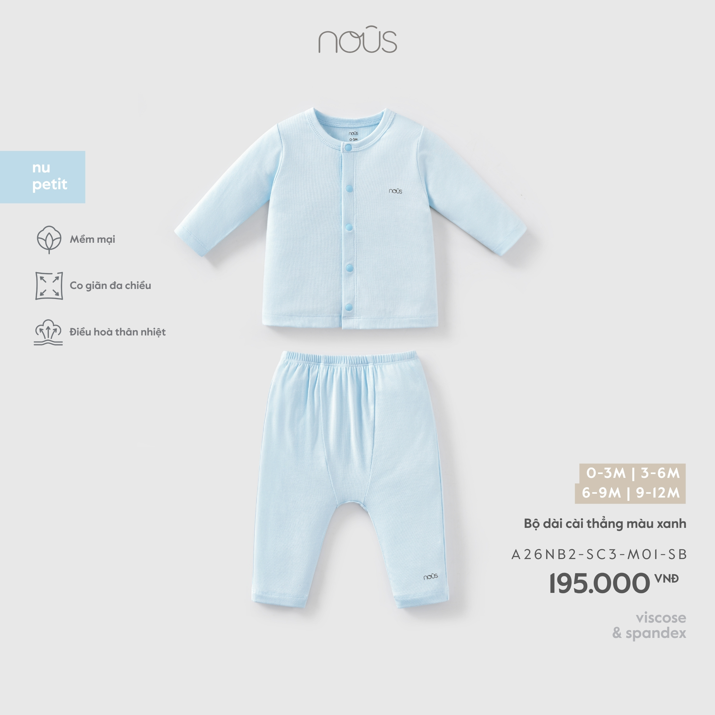 Nous Bộ dài cài thẳng màu xanh (0M,3M,6M,9M)