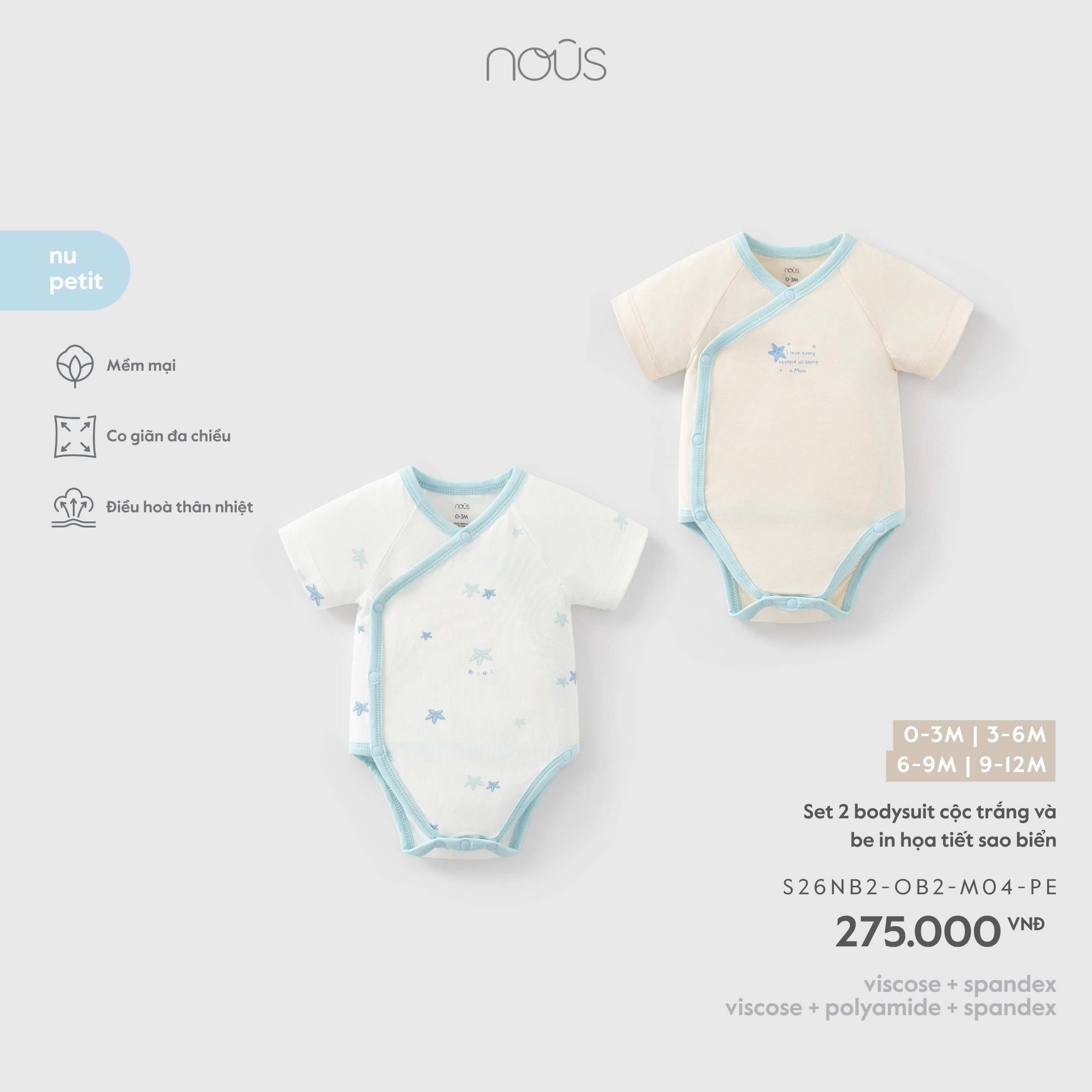 Nous Set 2 bodysuit cộc trắng và be in họa tiết sao biển (0M,3M,6M,9M)