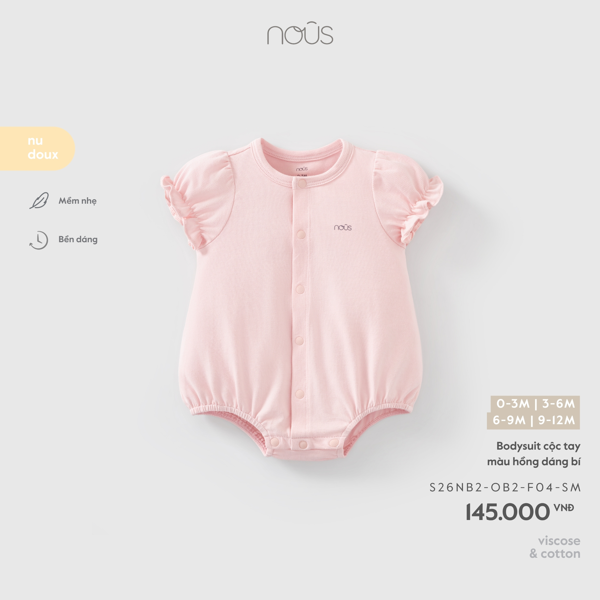 Nous Bodysuit cộc tay màu hồng dáng bí (0M,3M,6M,9M)