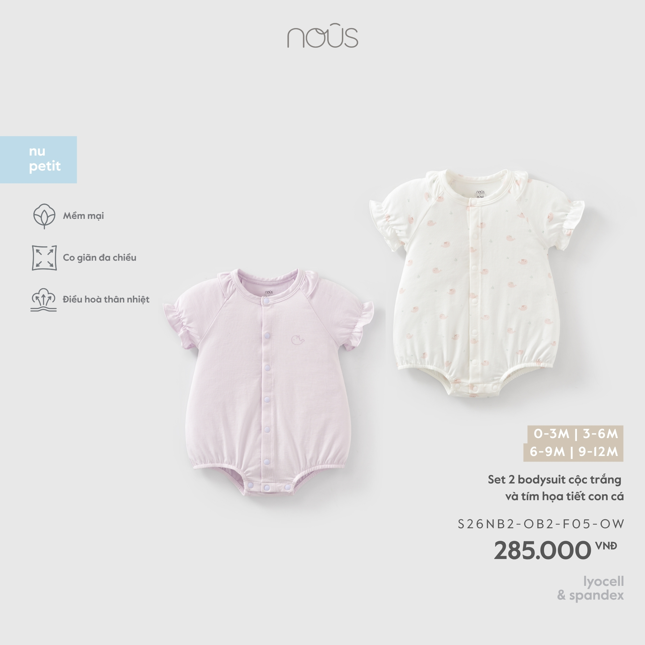 Nous Set 2 bodysuit cộc trắng và tím họa tiết con cá (0M,3M,6M,9M)