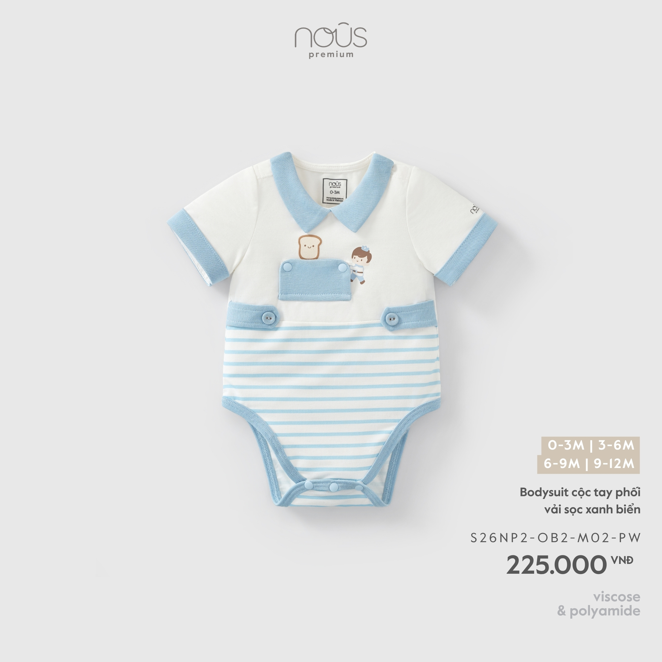 Nous Bodysuit cộc tay phối vải sọc xanh biển (0M,3M,6M,9M)