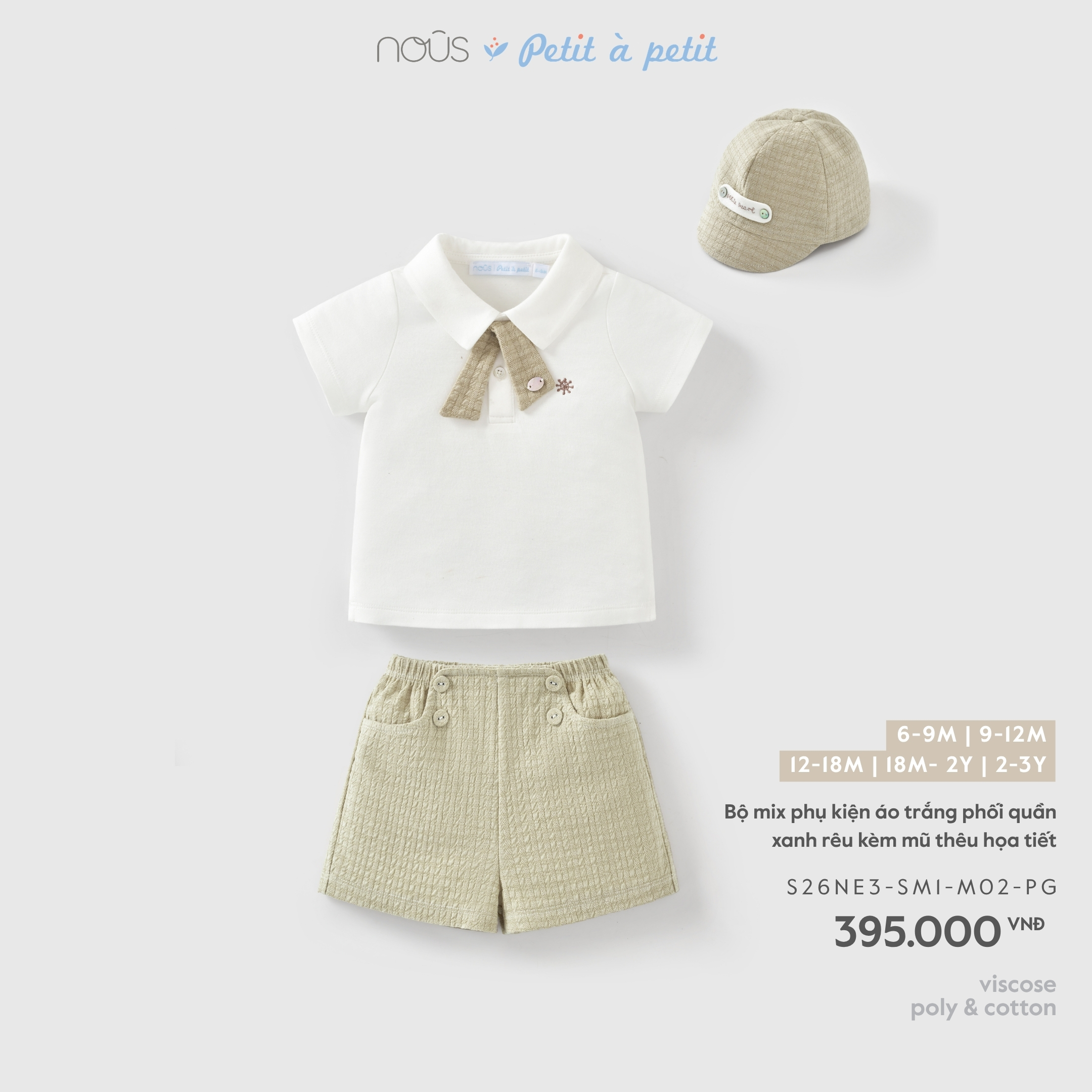Nous Bộ mix phụ kiện áo trắng phối quần xanh rêu kèm mũ thêu họa tiết (6M,9M,12M,18M,2Y)